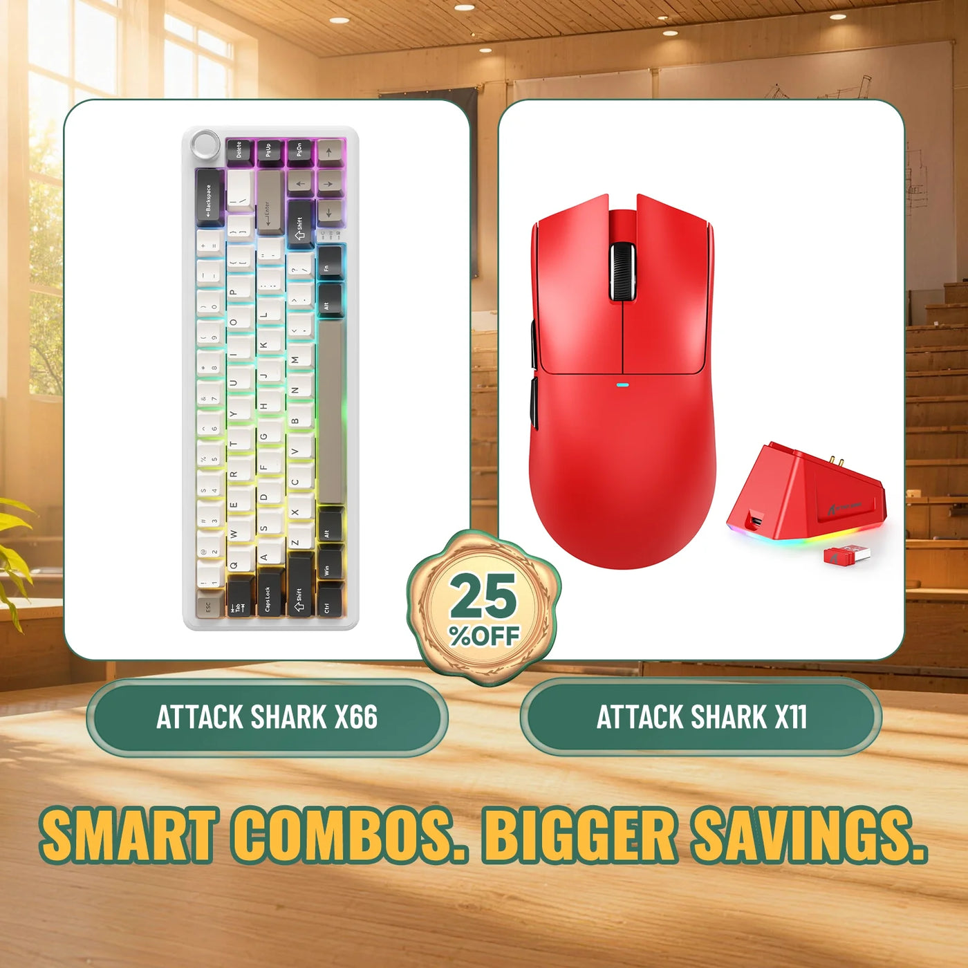 Keyboard and gaming mouse bundle arranged together on a clean desk