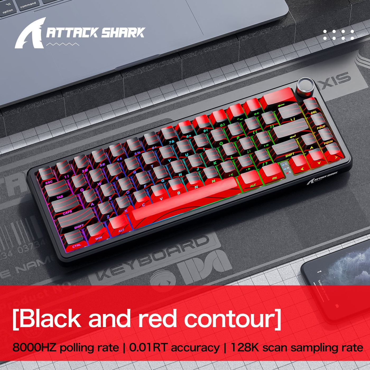 ATTACK SHARK X65PRO HE Black and Red Contour keyboard, shown as a compact gaming keyboard