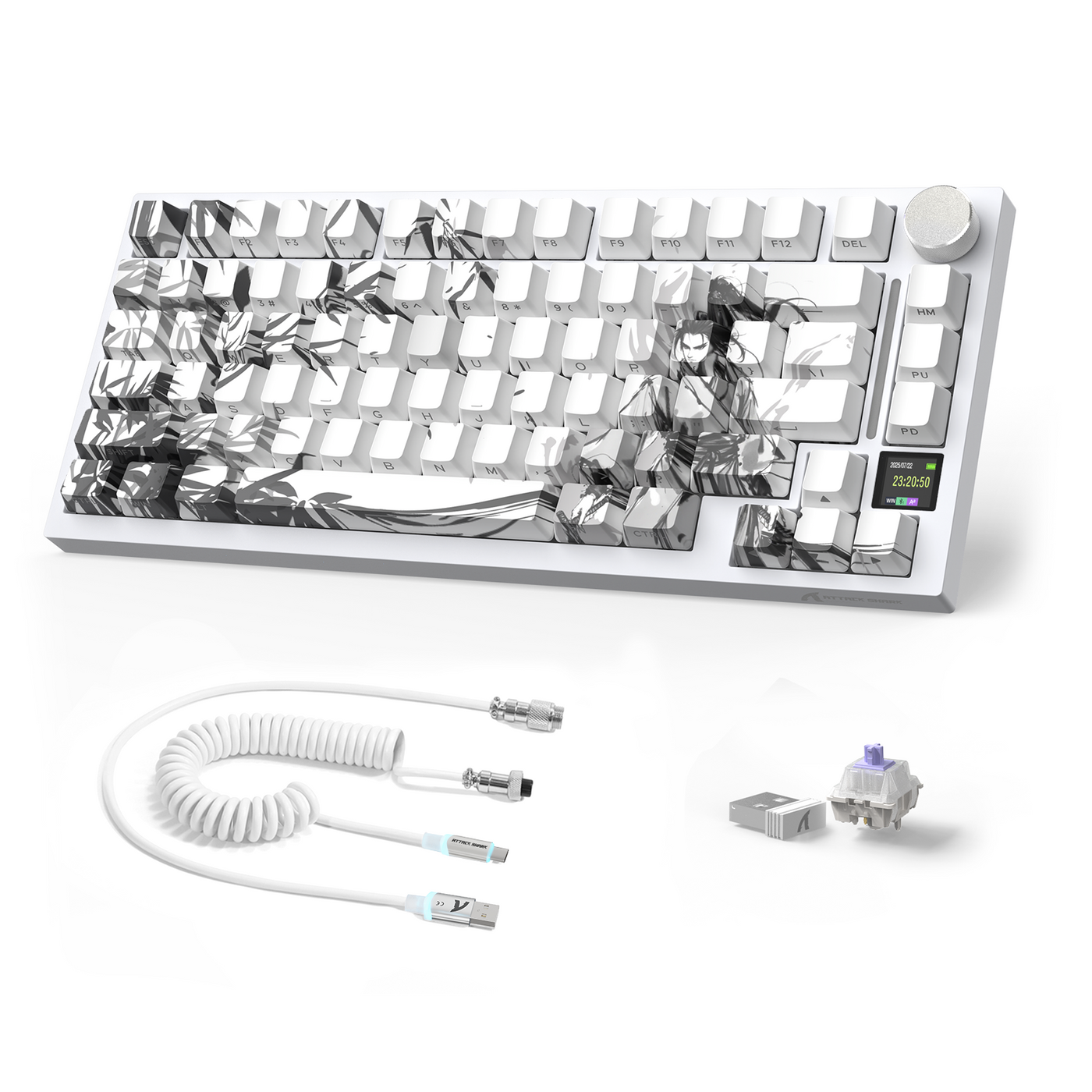 ATTACK SHARK X820 ULTRA mechanical keyboard with coiled cable presented as a colorful shared-desk centerpiece