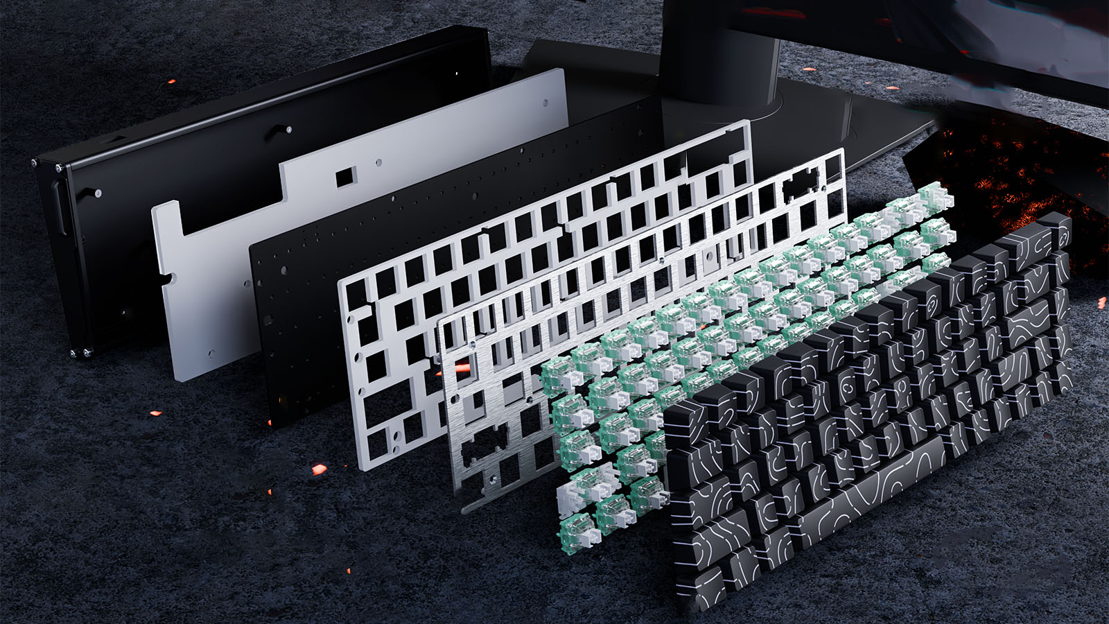 Exploded view of a mechanical keyboard showing the keycaps, switches, plate, foam layers, and case