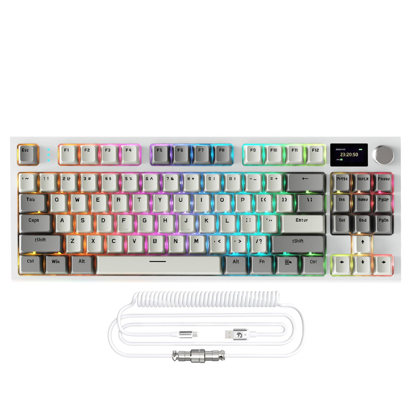 Compact wireless mechanical keyboard with a detachable coiled cable arranged as a clean ecommerce hero