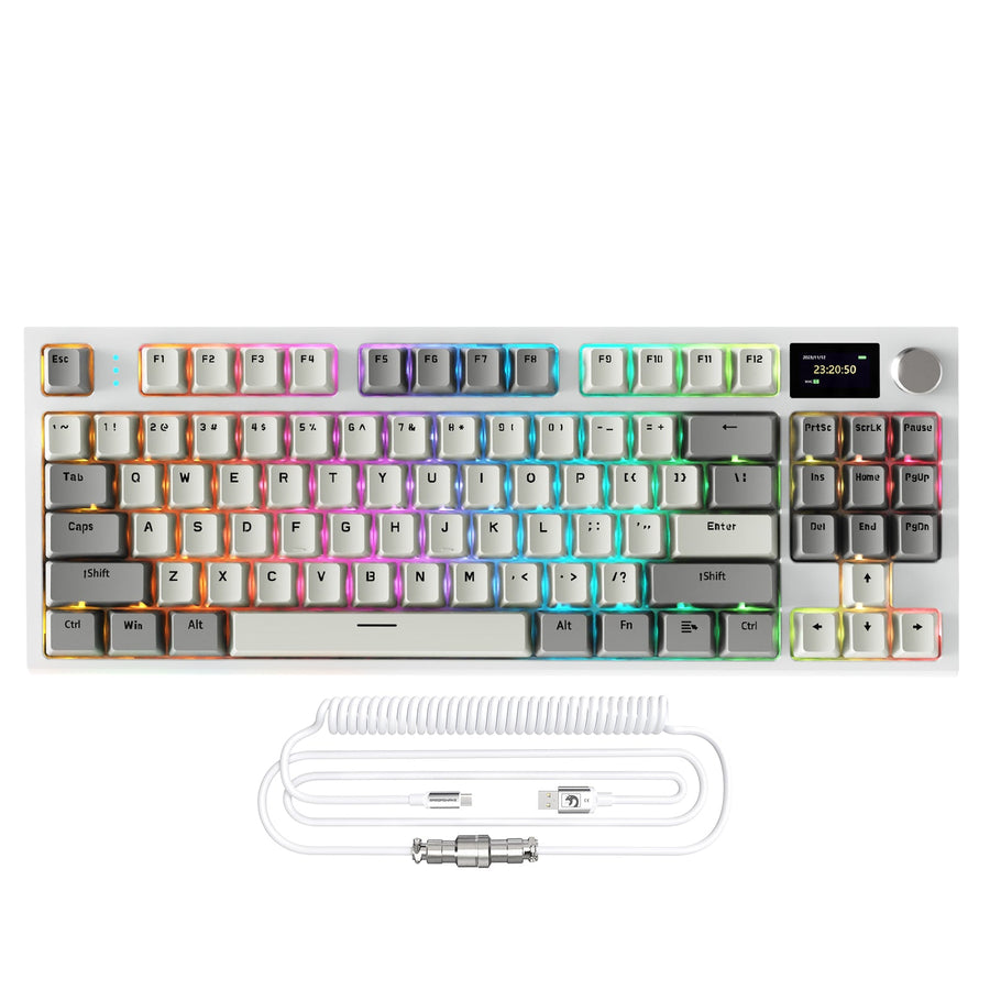 Compact wireless mechanical keyboard with a detachable coiled cable arranged as a clean ecommerce hero