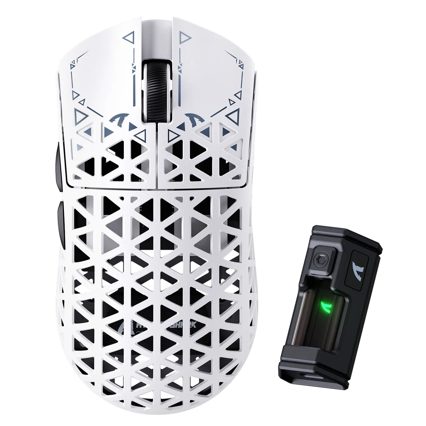 White ATTACK SHARK R5 Ultra gaming mouse with a lattice carbon shell shown next to its wireless receiver