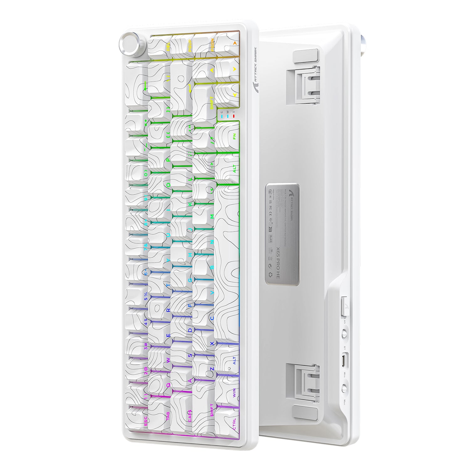 ATTACK SHARK X65PRO HE white gaming keyboard, white contour line design, RGB lighting, and triple-mode connectivity