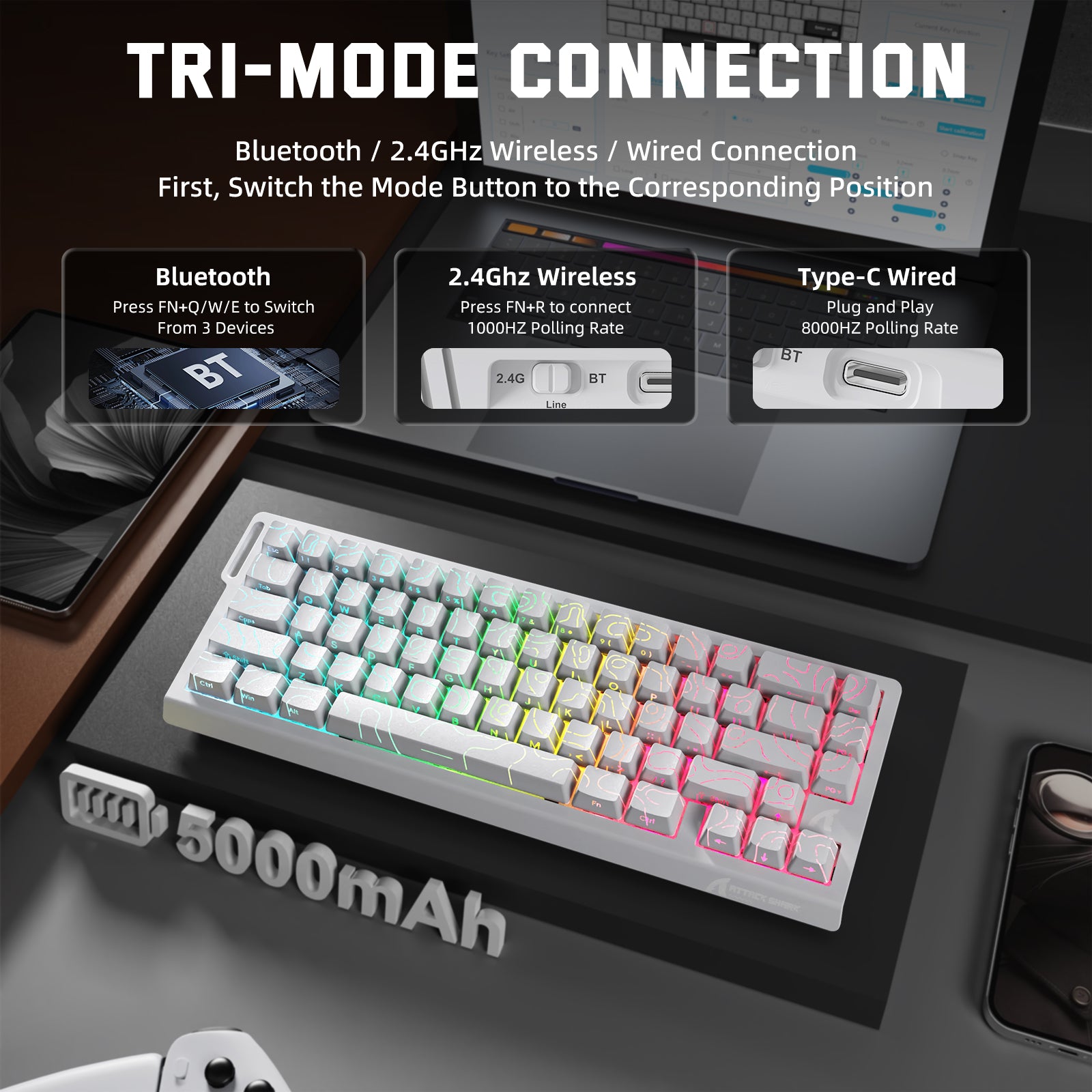 X68PRO HE Tri-Mode Keyboard: Bluetooth, 2.4G, and Wired connection options, 5000mAh battery, 8000Hz polling rate.