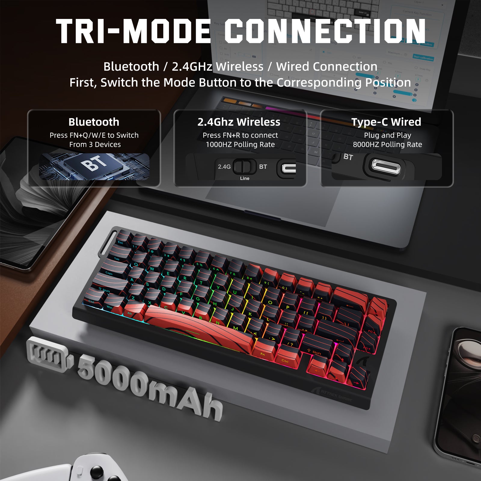 ATTACK SHARK X68PRO HE wireless keyboard: tri-mode connection (Bluetooth, 2.4G, USB-C), 5000mAh battery, RGB.