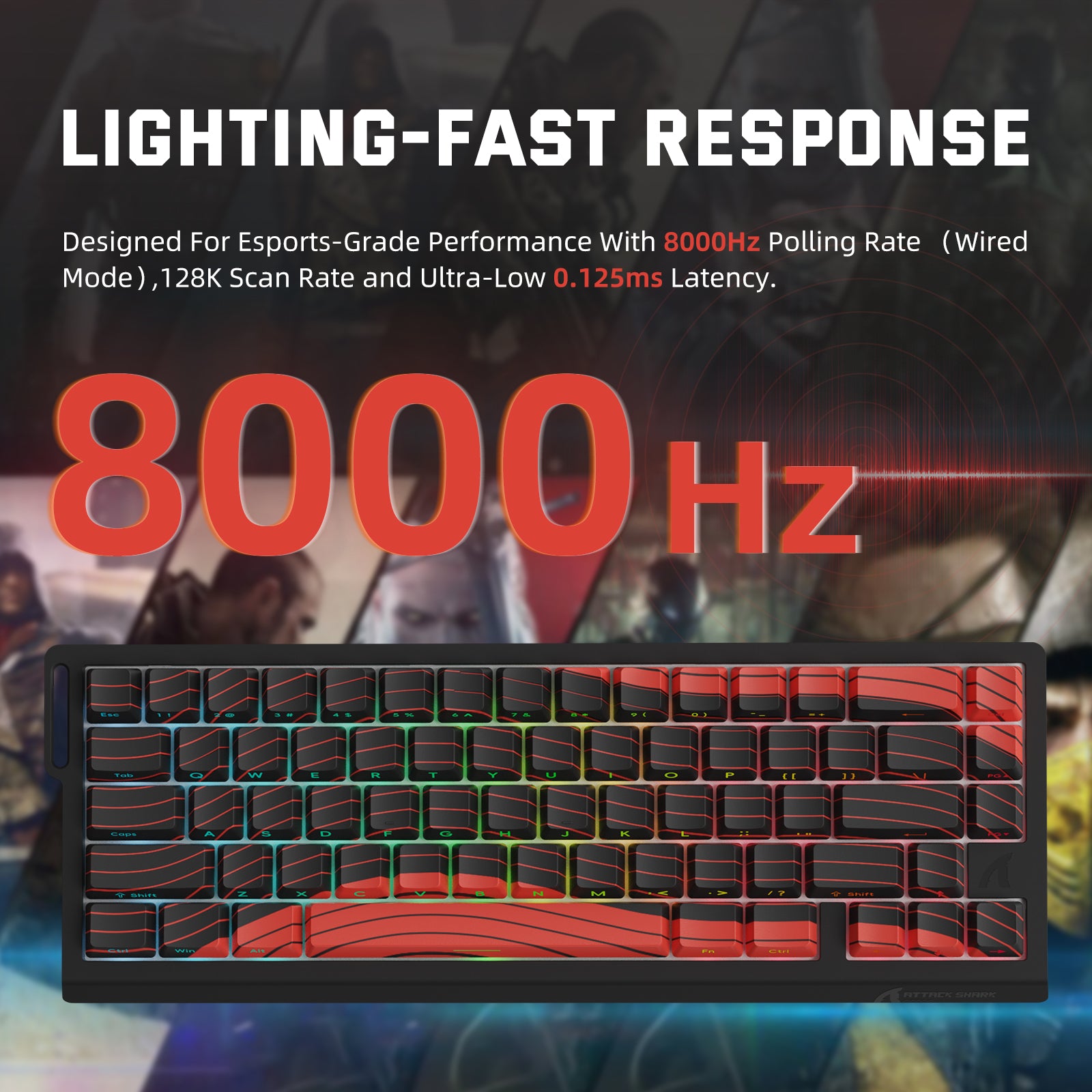 ATTACK SHARK X68PRO HE Gaming Keyboard with 8000Hz Polling Rate, RGB backlit, black and red keys, esports performance