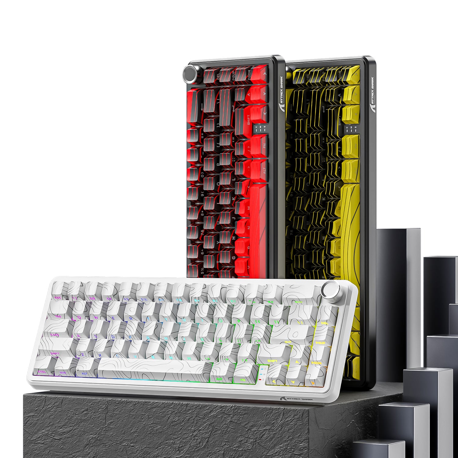 ATTACK SHARK X65PRO HE keyboard, featuring red, yellow, and white options with RGB and contour keycaps.