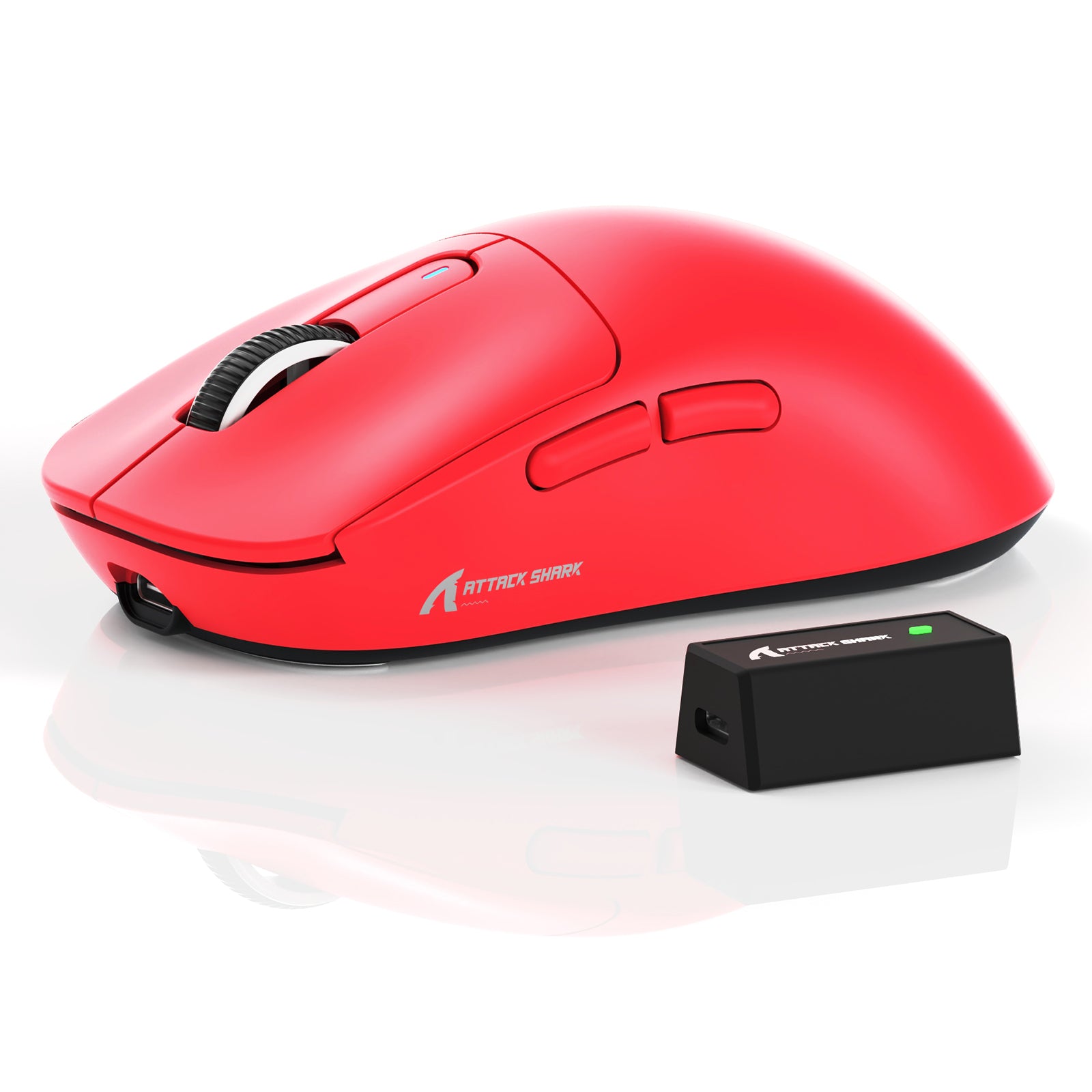 ATTACK SHARK X3PRO gaming mouse in red color, wireless with receiver. Features 8K sensor and ergonomic design for gamers.