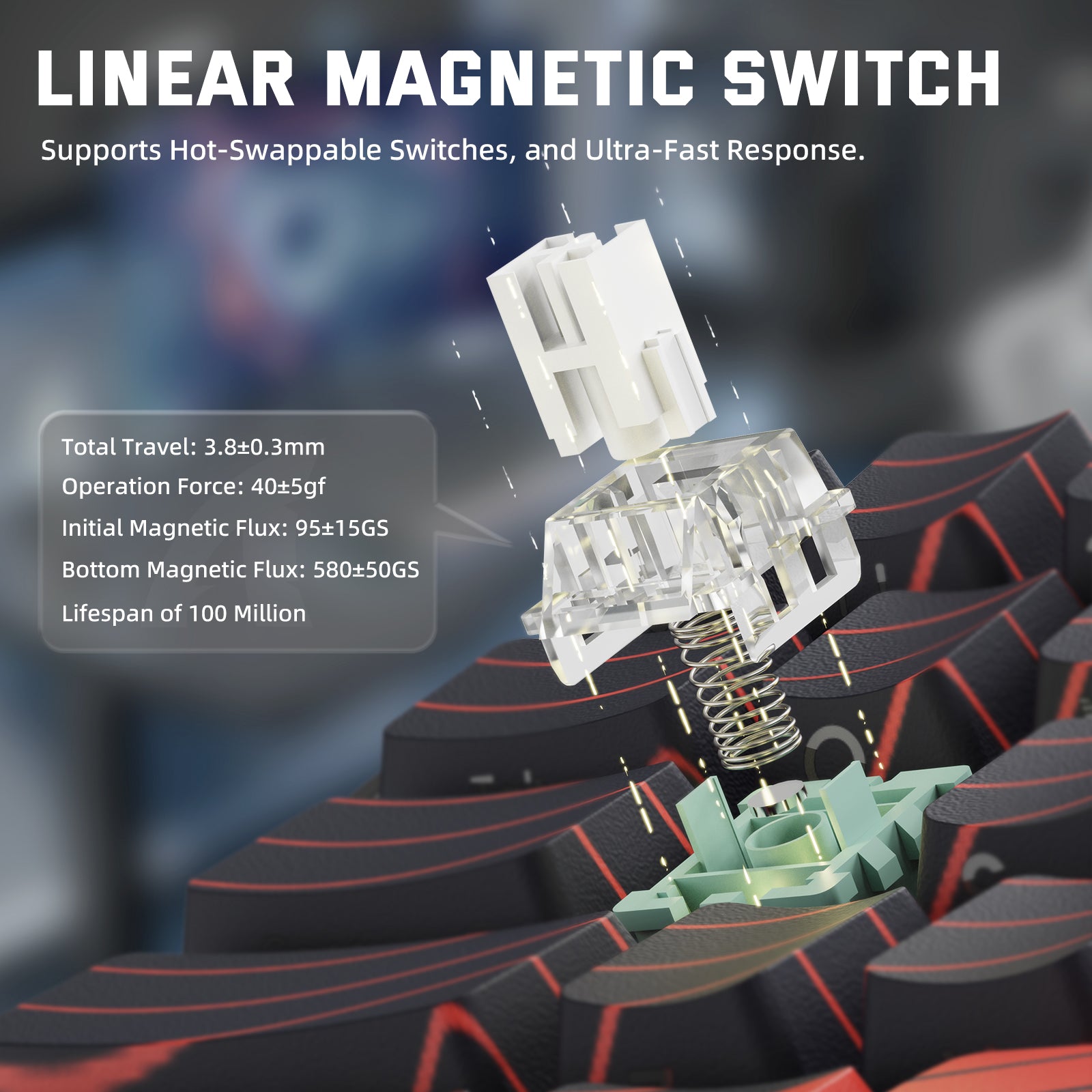 ATTACK SHARK X68PRO HE keyboard linear magnetic switch with 3.8mm total travel and 40gf operation force.