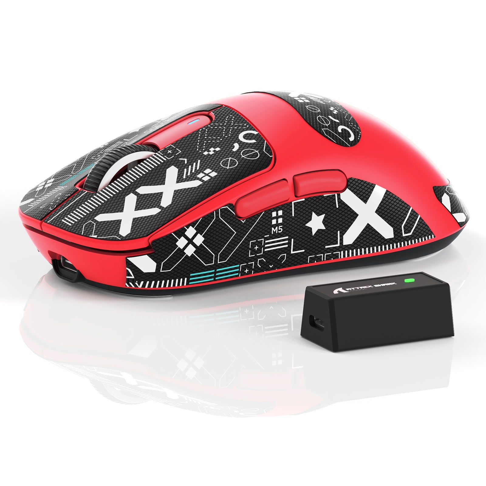 ATTACK SHARK X3PRO gaming mouse in red, geometric design, with receiver, wireless gaming mouse