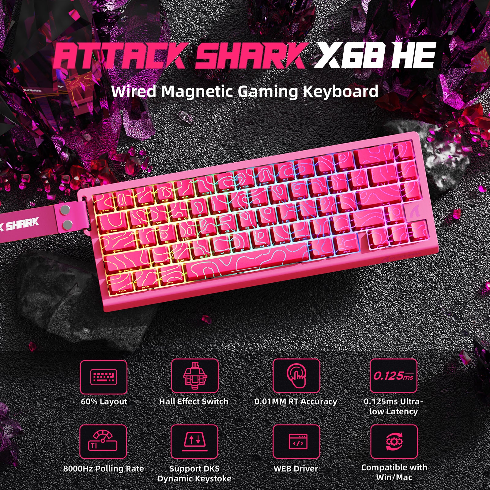 ATTACK SHARK X68 HE magnetic gaming keyboard, pink, 60% layout, 0.125ms latency, RGB backlighting