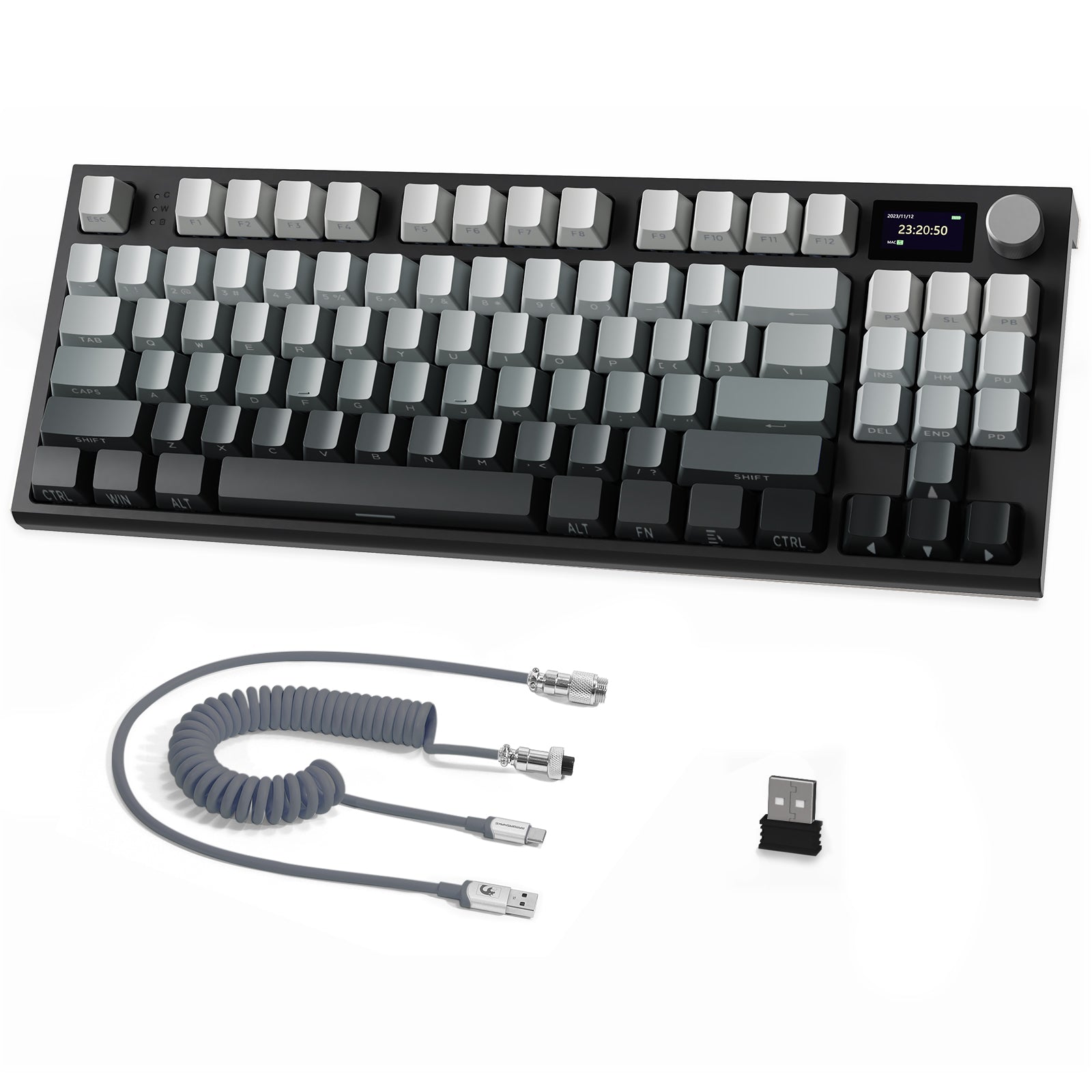ATTACK SHARK K86 Pro wireless mechanical keyboard with gray keycaps, display, and coiled cable