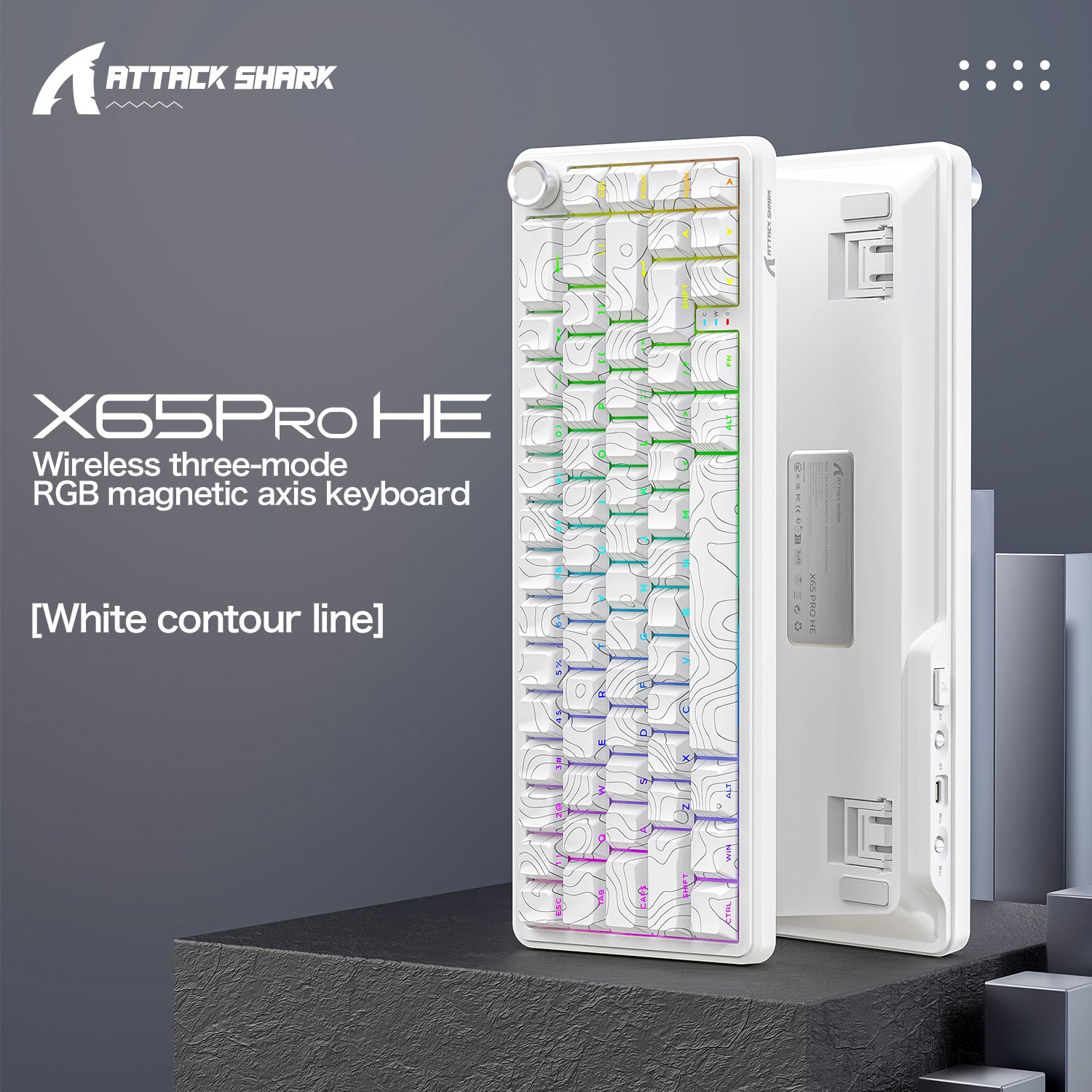 ATTACK SHARK X65PRO HE white gaming keyboard with white contour line, RGB lighting, and three-mode wireless connectivity.