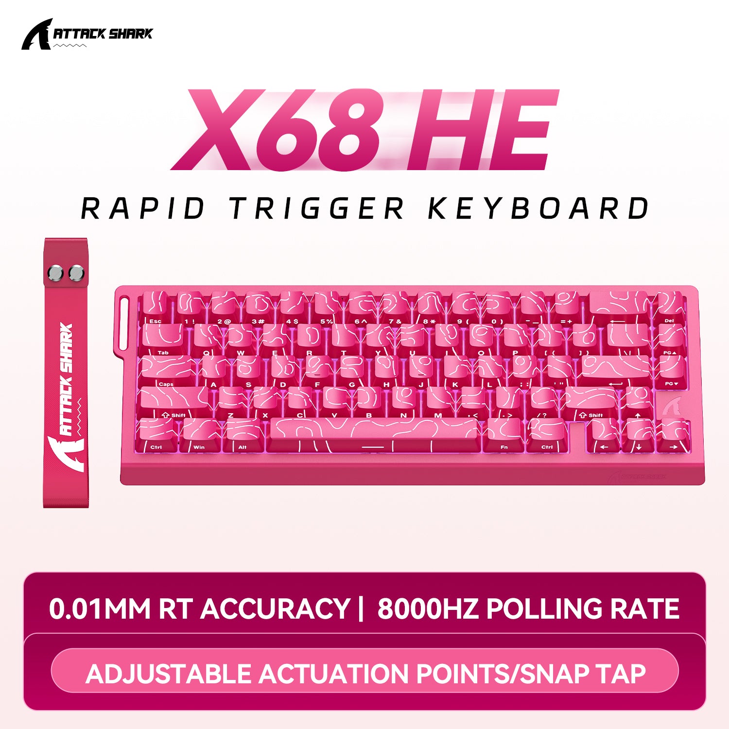 ATTACK SHARK X68 HE pink keyboard: Rapid Trigger, 0.01mm Accuracy, 8000Hz Polling, Adjustable Actuation.