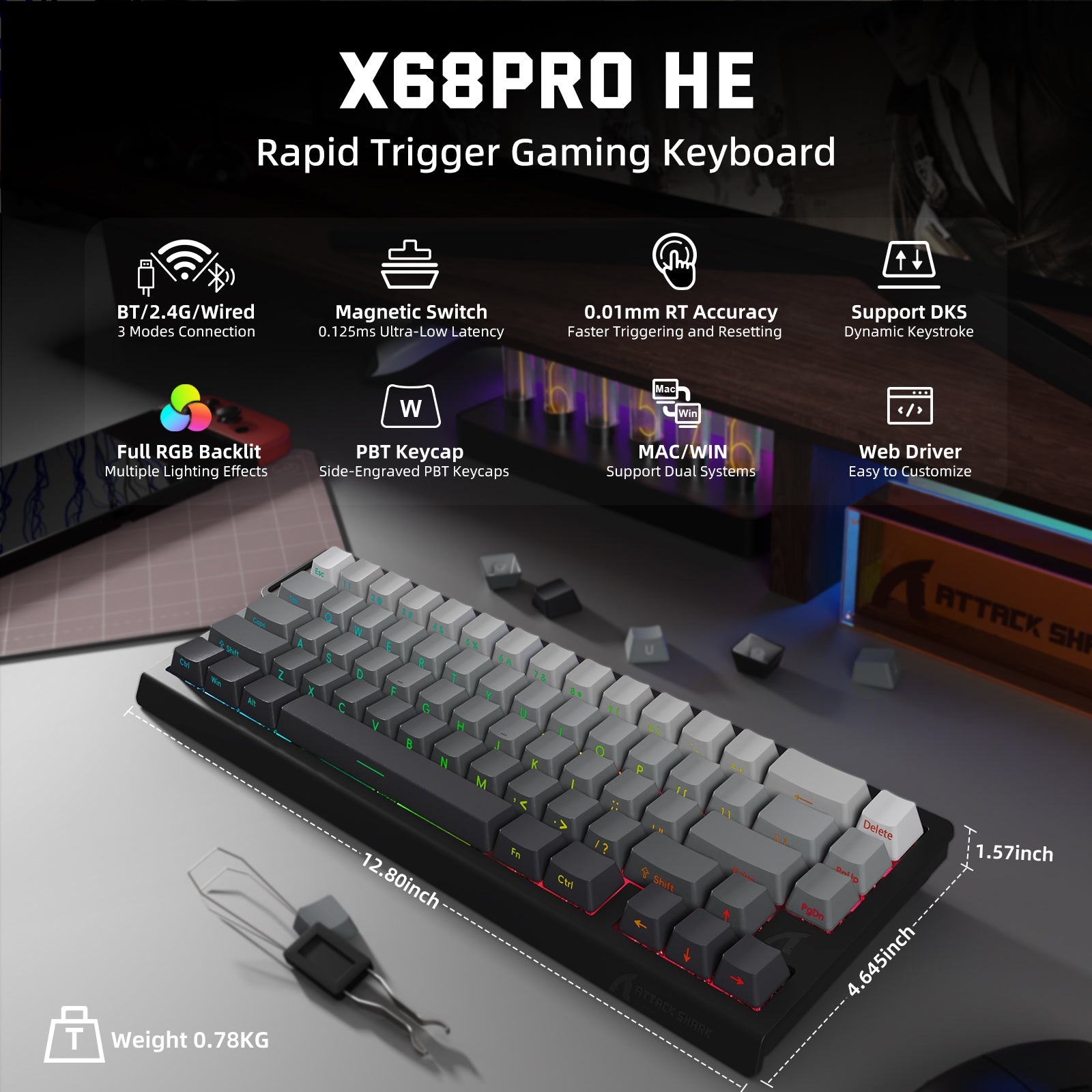 X68PRO HE Rapid Trigger Gaming Keyboard, Tri-Mode Connection