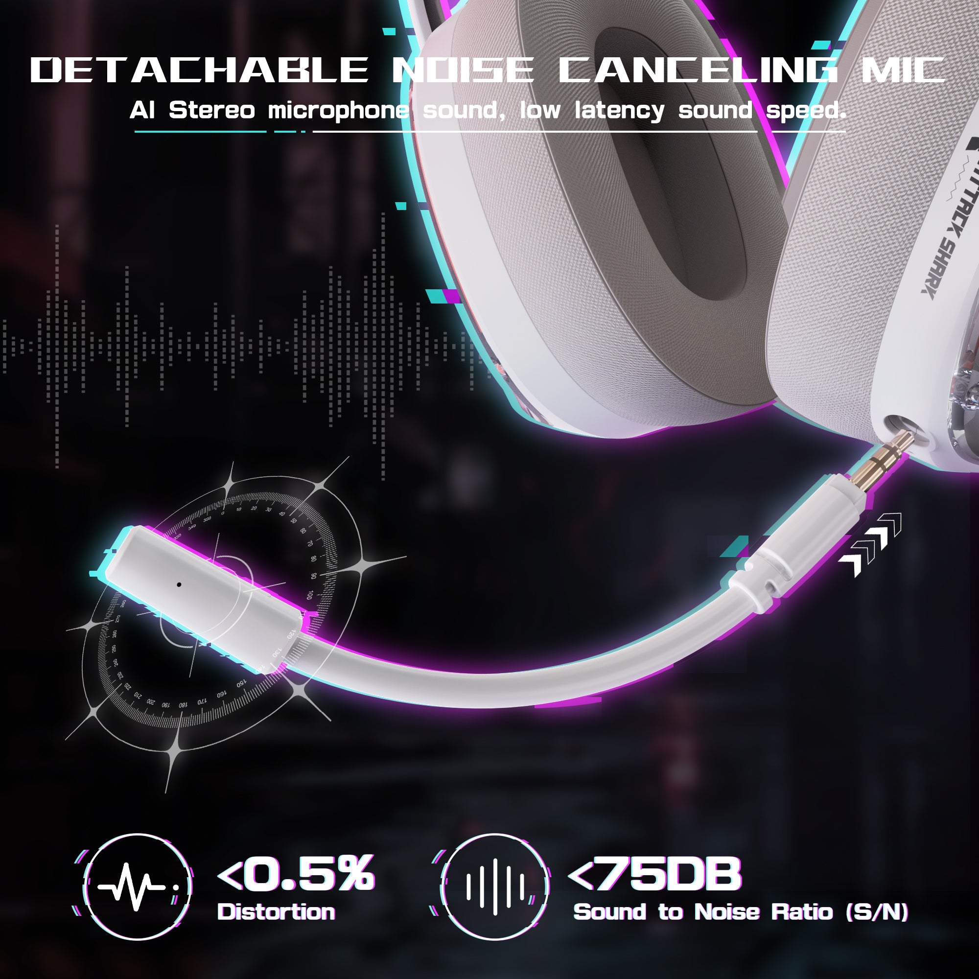 ATTACK SHARK L60 headset with detachable noise-canceling mic, low distortion, and high sound to noise ratio.