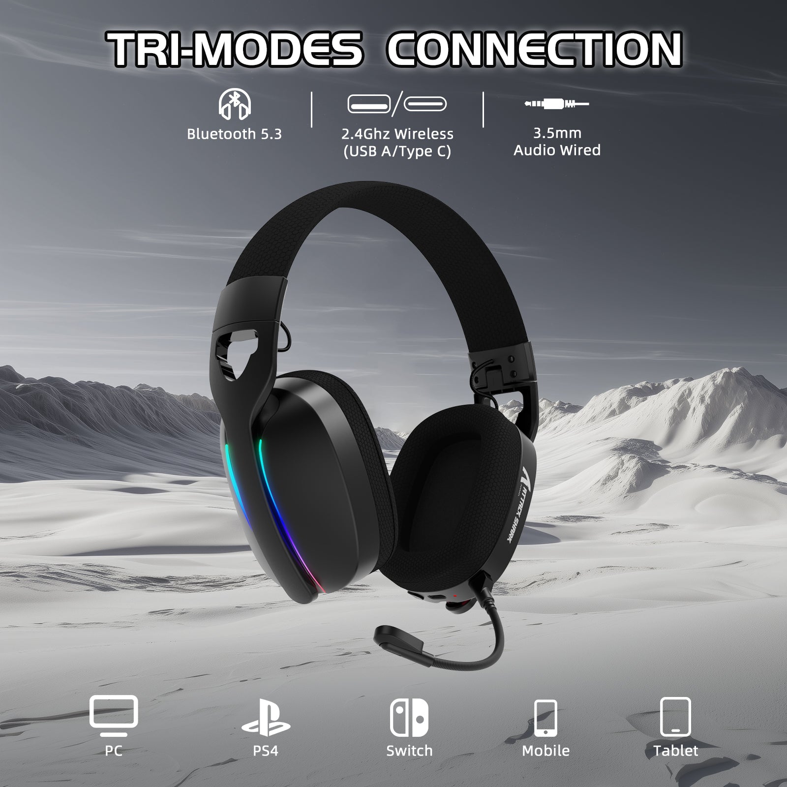 ATTACK SHARK L90 Tri-Mode Gaming Headset with RGB Lighting - PC, PS4, Switch, Mobile, Tablet.