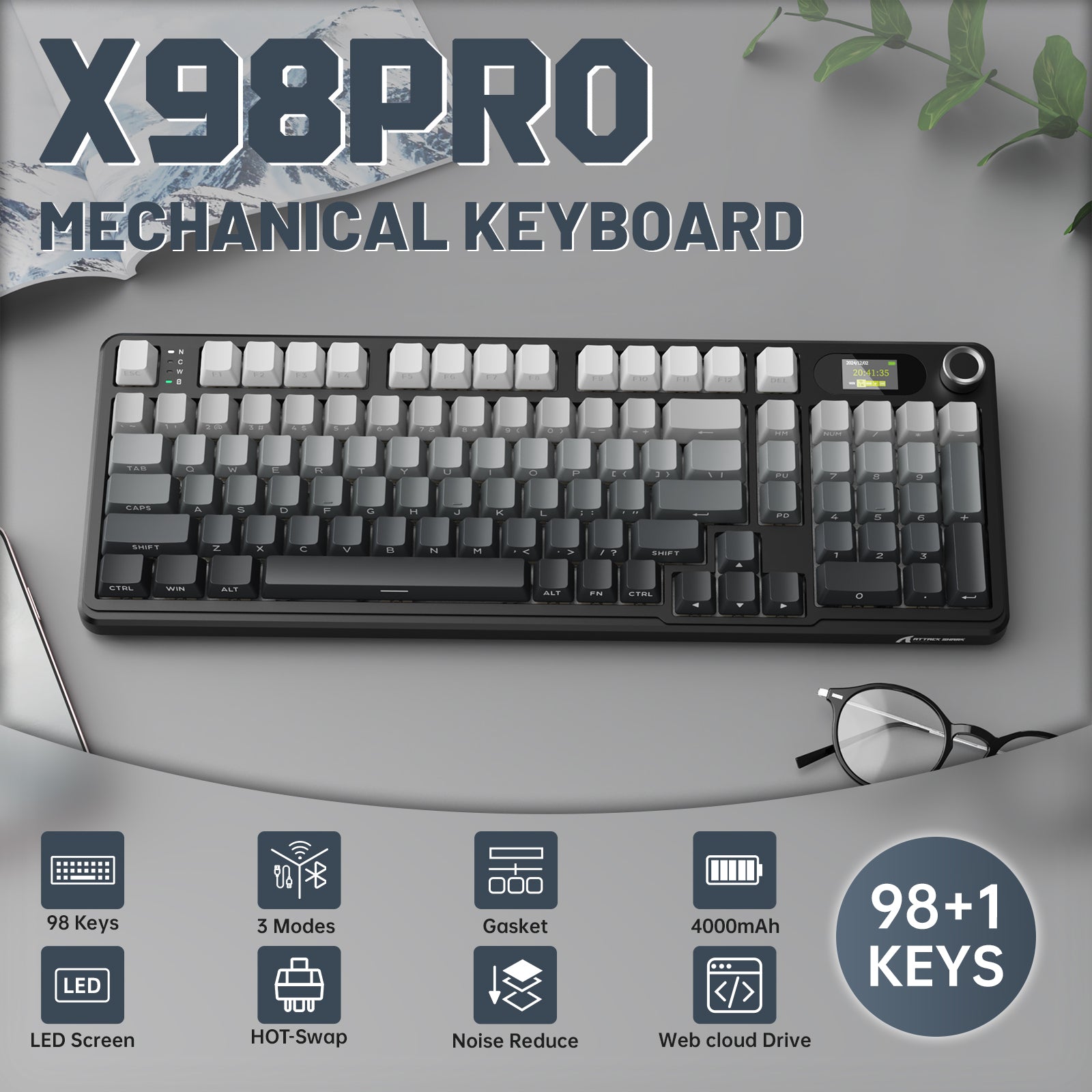 ATTACK SHARK X98PRO mechanical keyboard with LED screen, 98+1 keys and customizable features