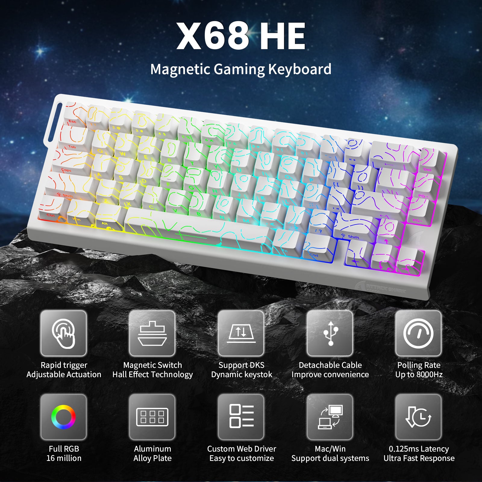 ATTACK SHARK X68 HE Magnetic Gaming Keyboard with features and RGB lighting
