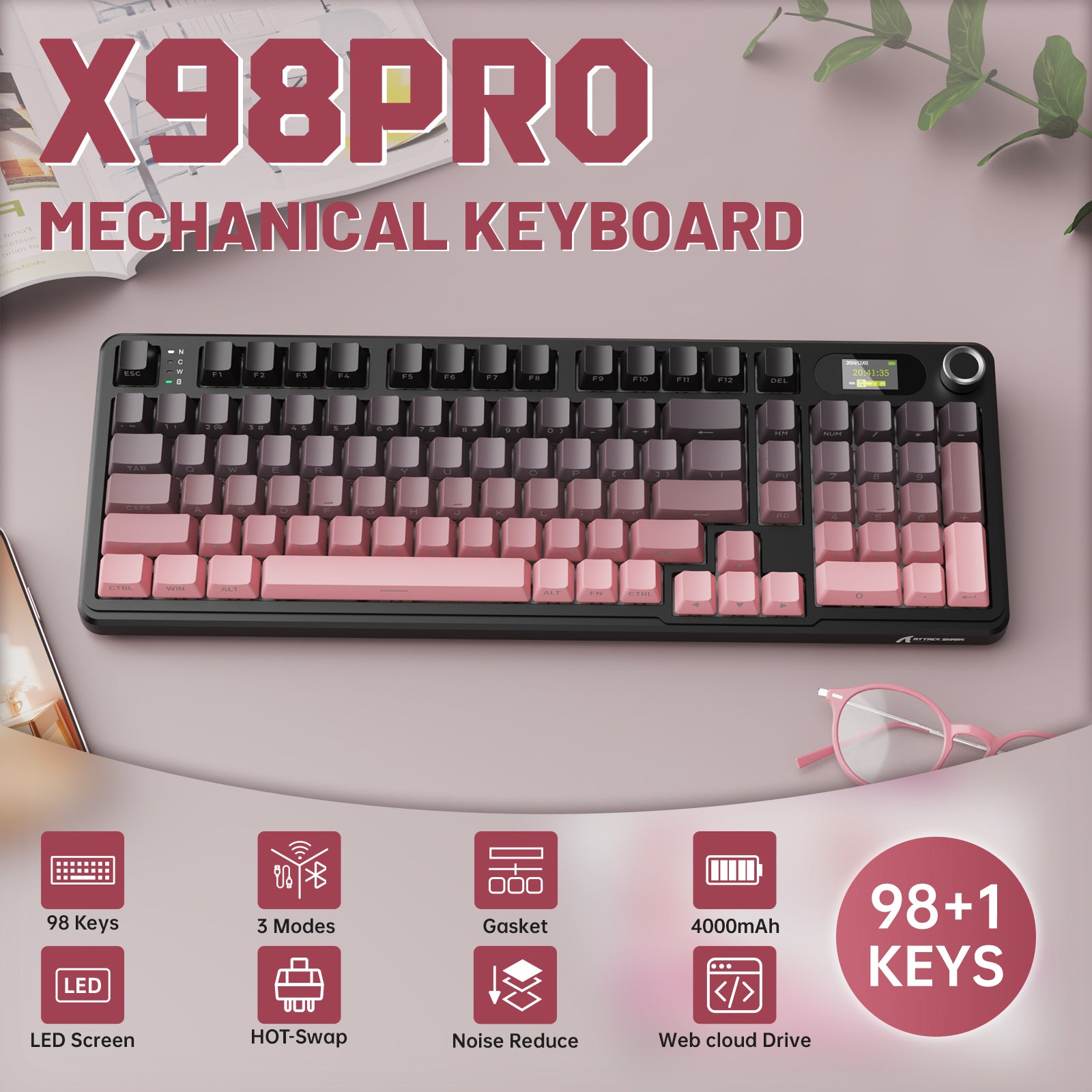 ATTACK SHARK X98PRO mechanical keyboard with pink and purple gradient keycaps, LED screen, and various features.
