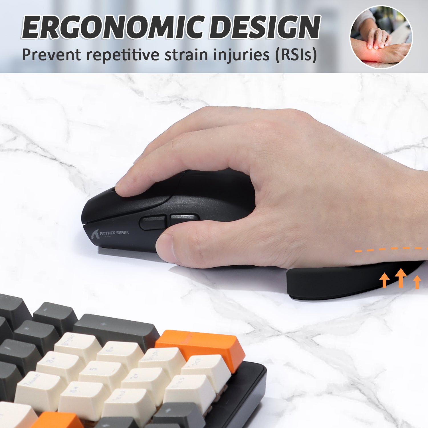 ATTACK SHARK ergonomic mouse wrist rest with user's hand and mouse, reducing strain