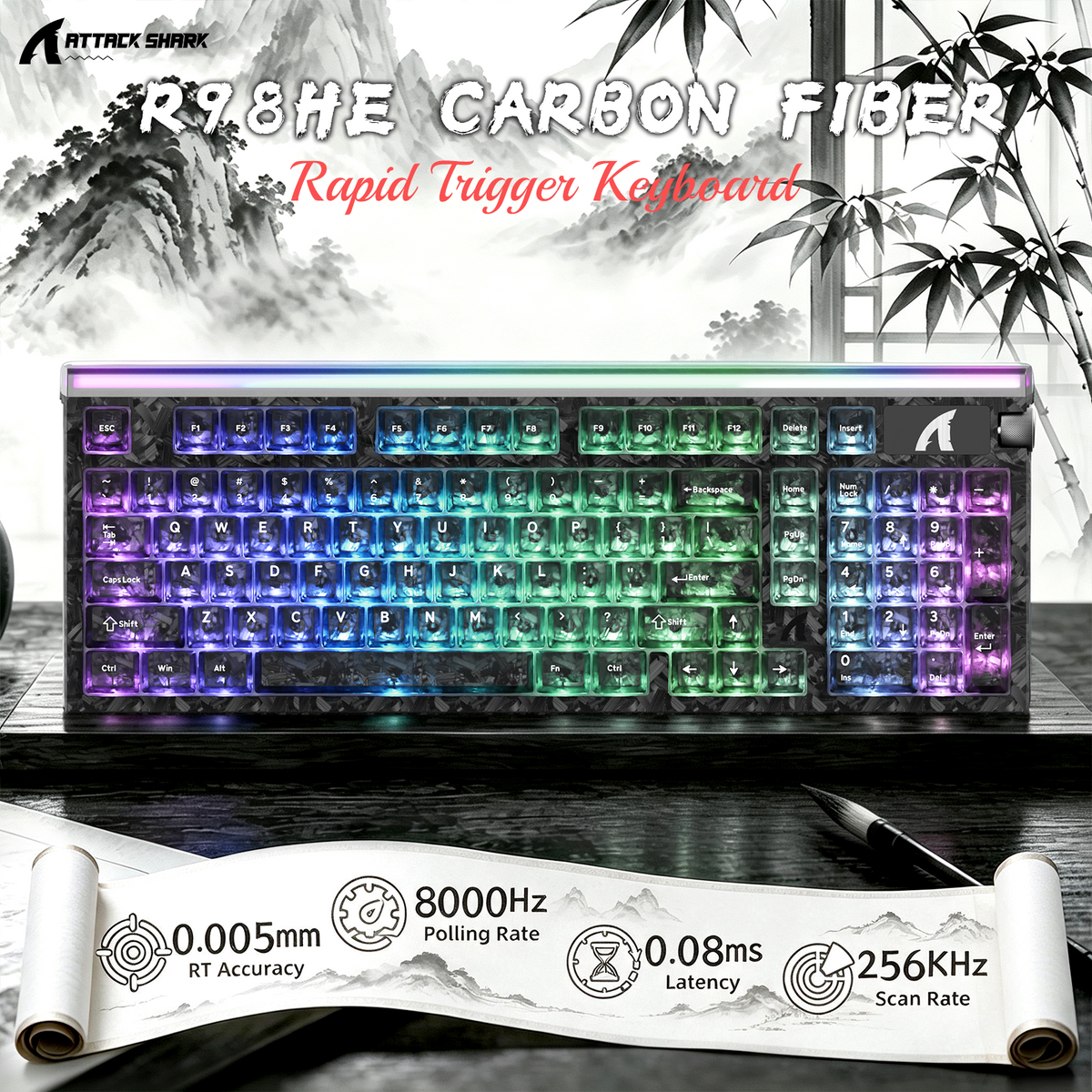ATTACK SHARK R98 HE Carbon Fiber Wired Rapid Trigger Magnetic Switch Keyboard With C01 Ultra RGB Coiled Cable