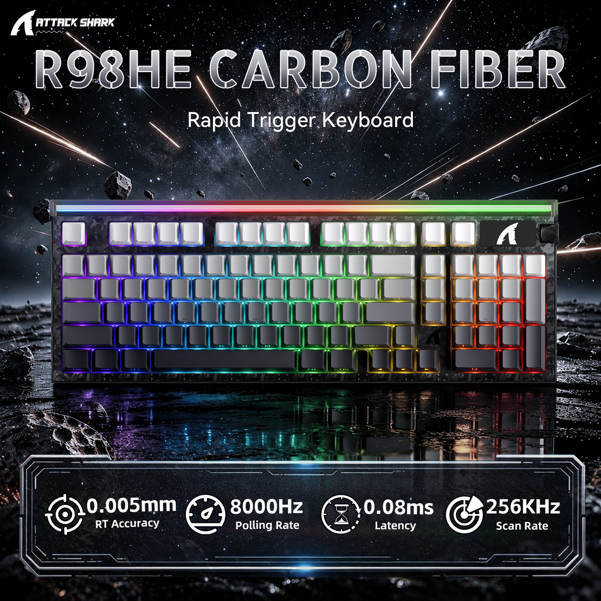 ATTACK SHARK R98 HE Carbon Fiber Wired Rapid Trigger Magnetic Switch Keyboard With C01 Ultra RGB Coiled Cable