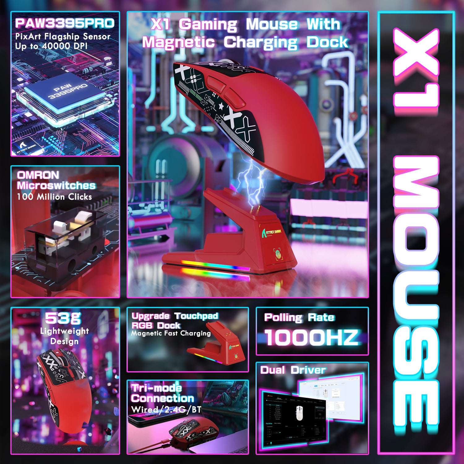 ATTACK SHARK X1 Gaming Mouse: PAW3395PRO sensor, magnetic charging dock, RGB, tri-mode, lightweight design.