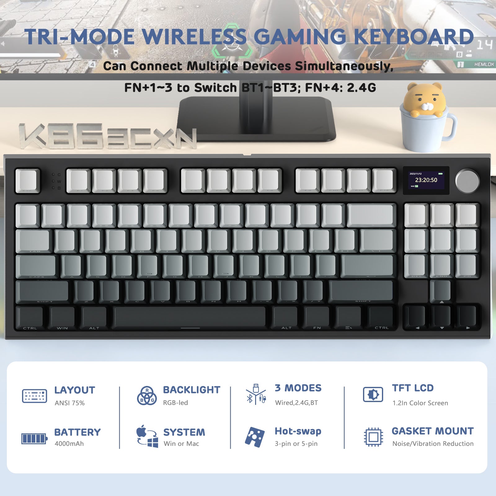 ATTACK SHARK K86 Pro wireless gaming keyboard with RGB, 75% layout, TFT LCD and multi-mode connectivity