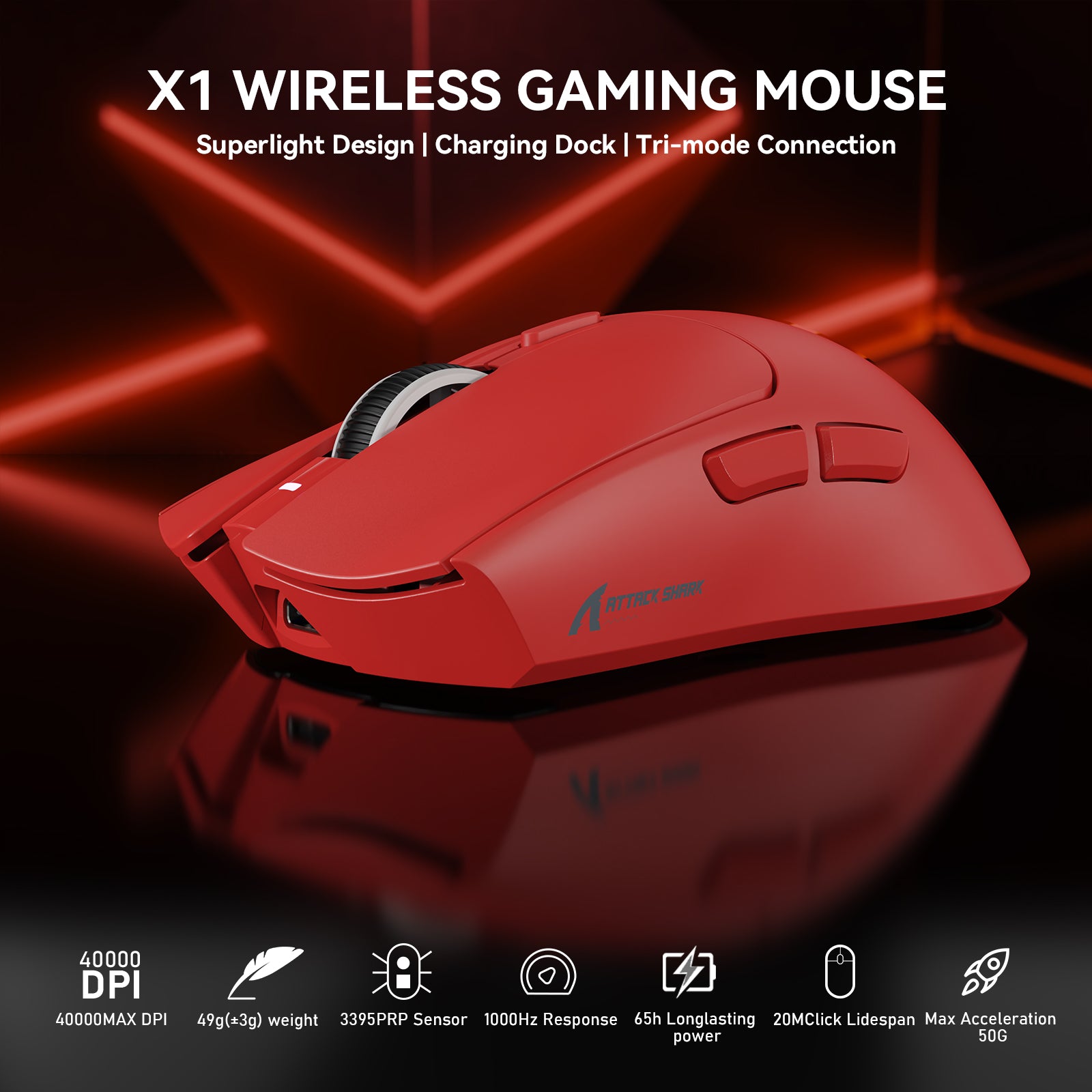 ATTACK SHARK X1 Tri-mode Gaming Mouse with Touchpad RGB Charging Dock PAW3395PRO Sensor