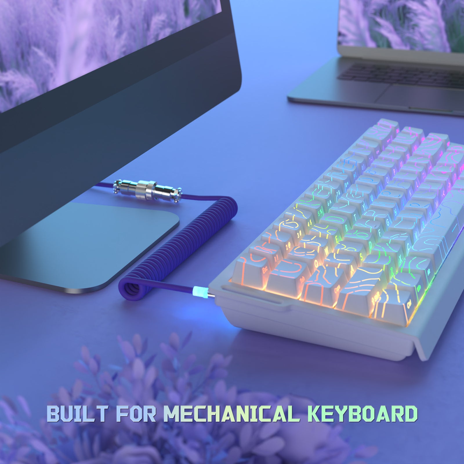 Purple coiled aviator cable connected to a white mechanical keyboard, Built for mechanical keyboard, RGB lighting