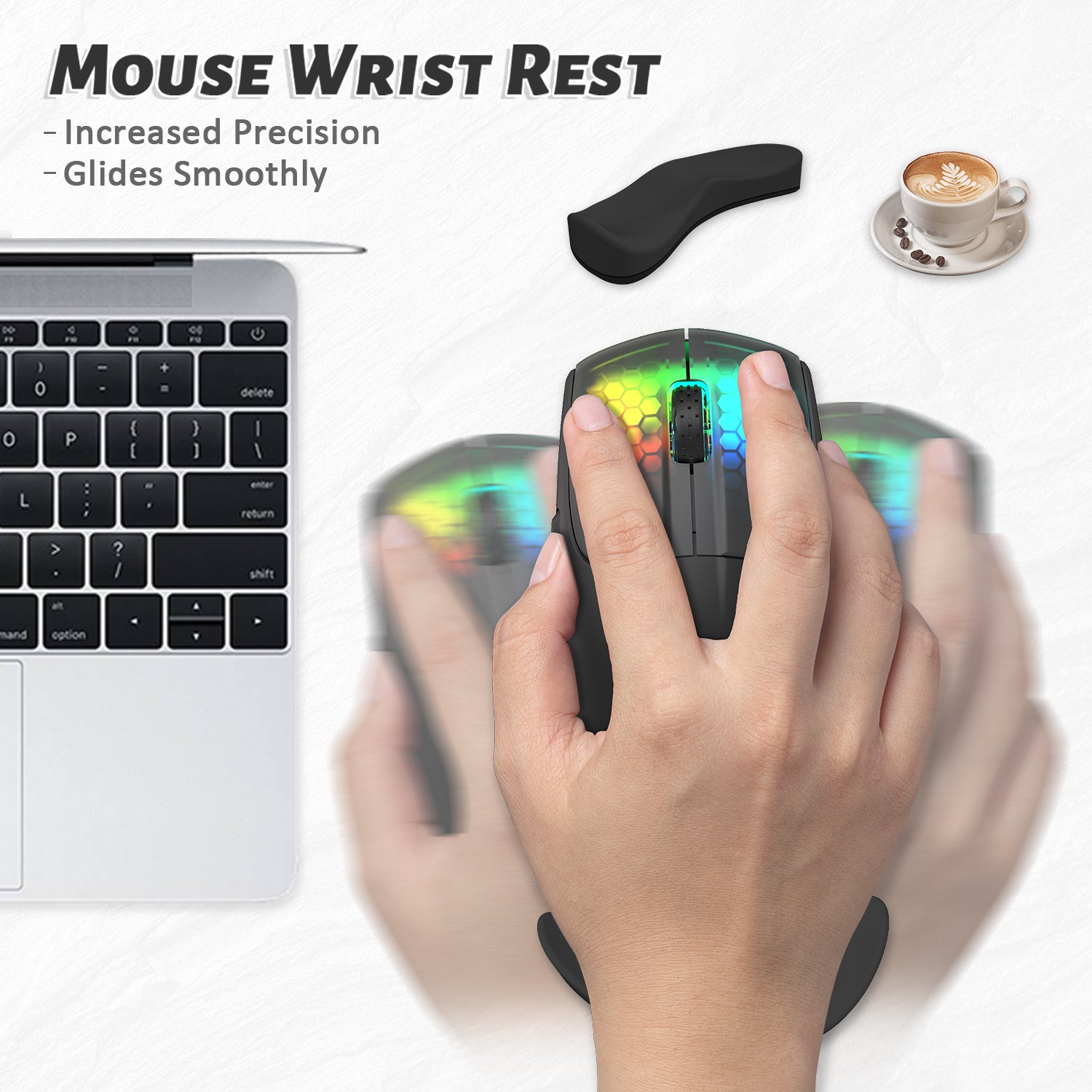 ATTACK SHARK mouse wrist rest, black silicone support with hand, enhances precision and smooth gliding during use