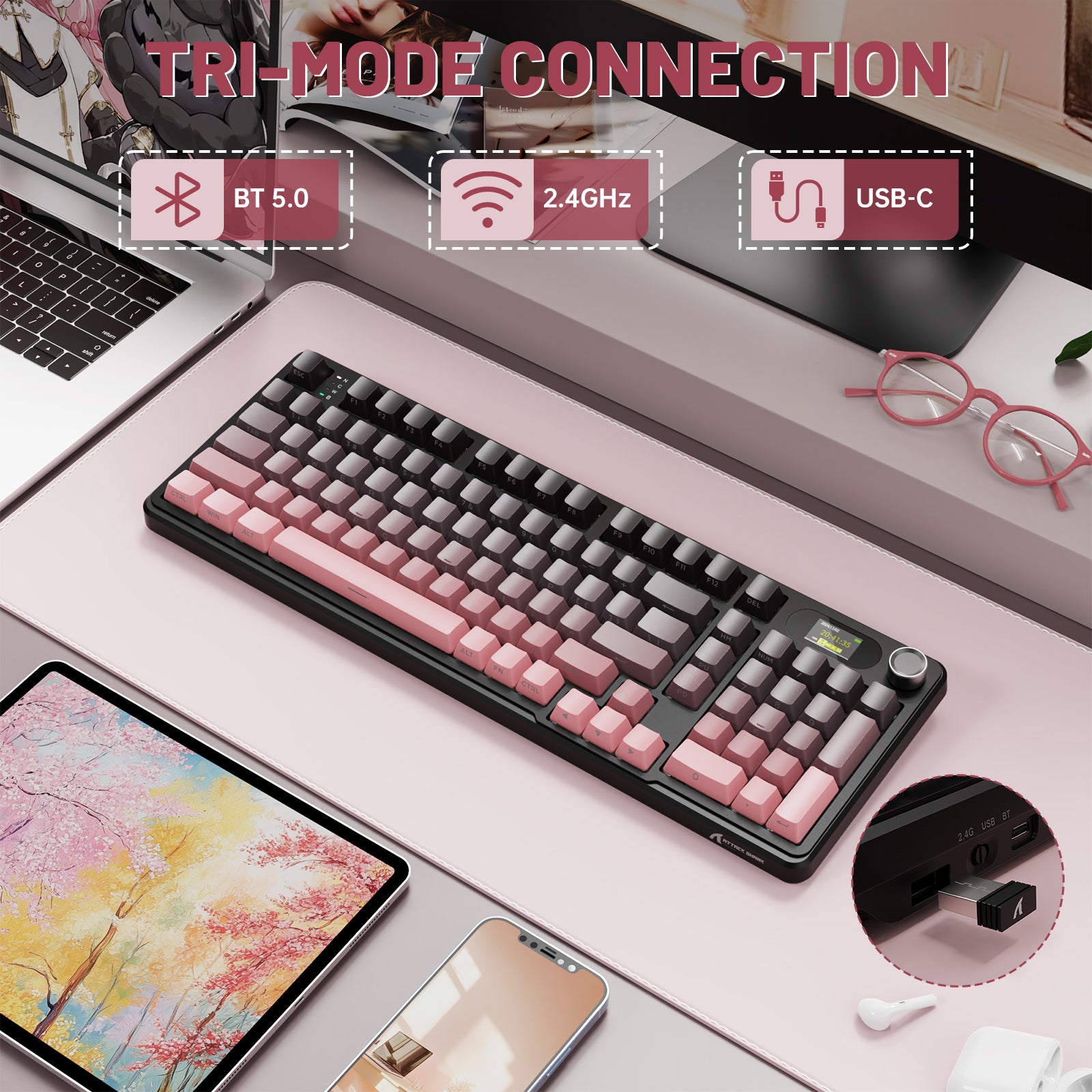 ATTACK SHARK X98PRO wireless gaming keyboard with tri-mode connection (BT 5.0, 2.4GHz, USB-C). Pink and black keycaps.