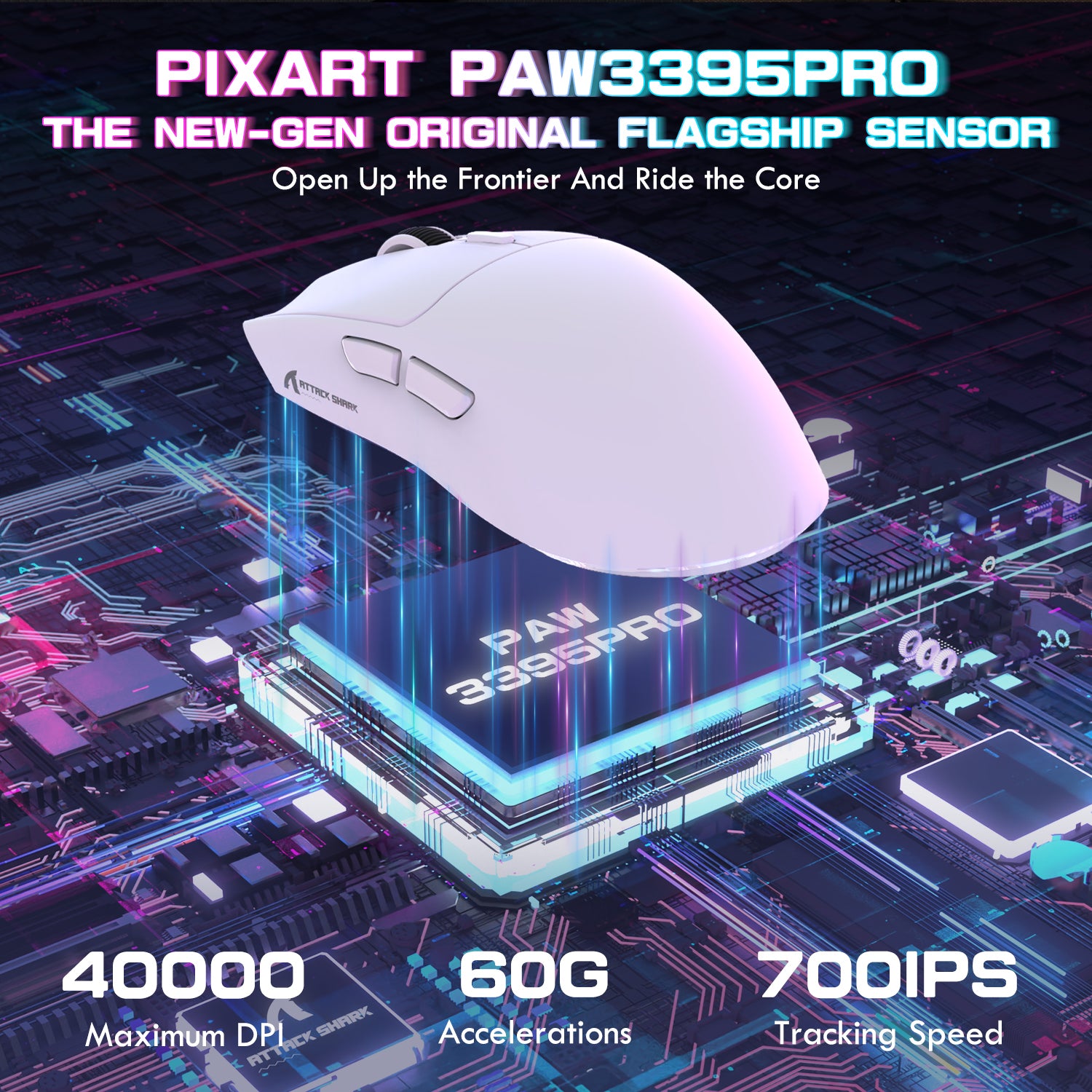 ATTACK SHARK X1 white gaming mouse featuring PAW3395PRO sensor, 40000 DPI, 60G acceleration, and 700IPS tracking.