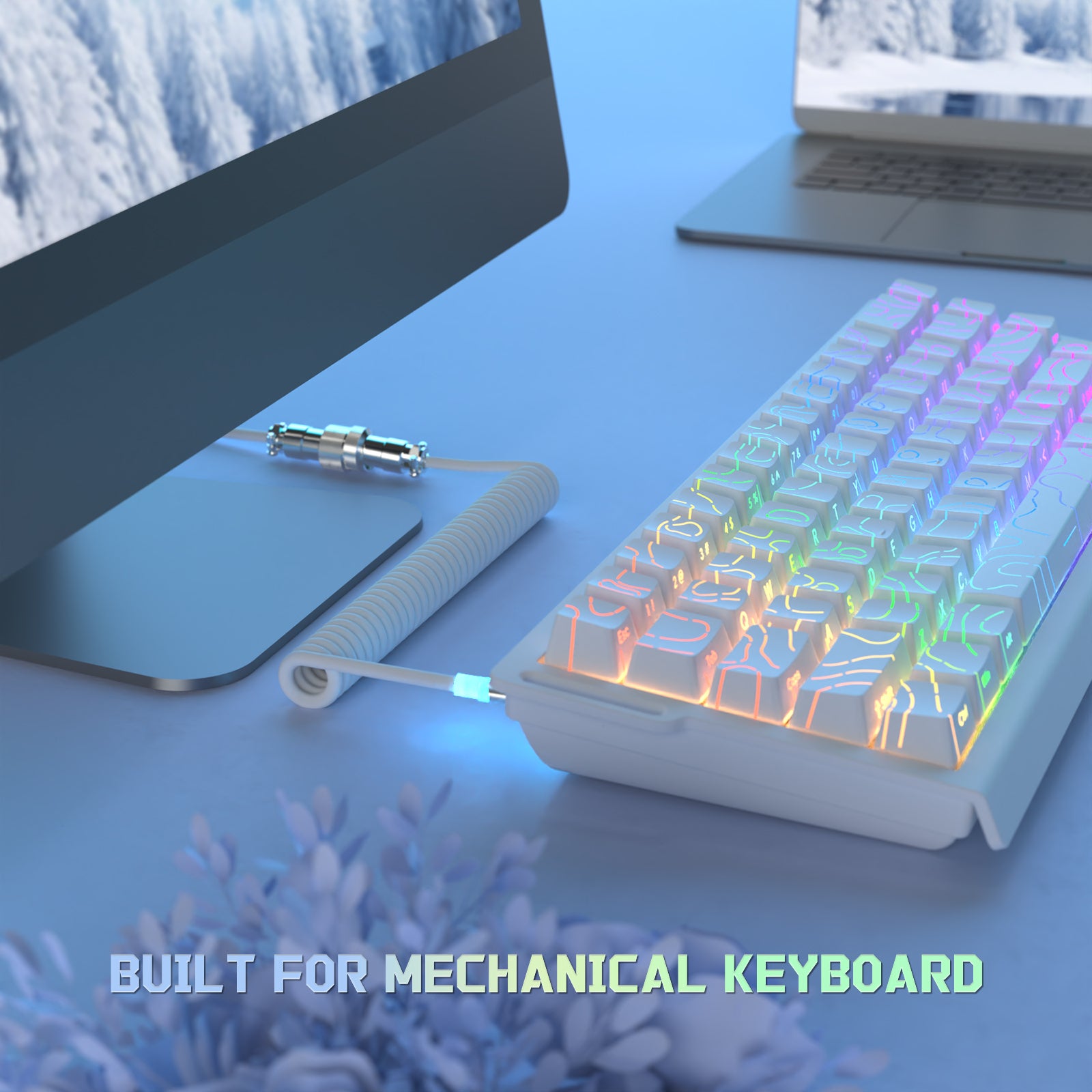White coiled aviator cable connected to a backlit mechanical keyboard, text reads 'Built for mechanical keyboard.'