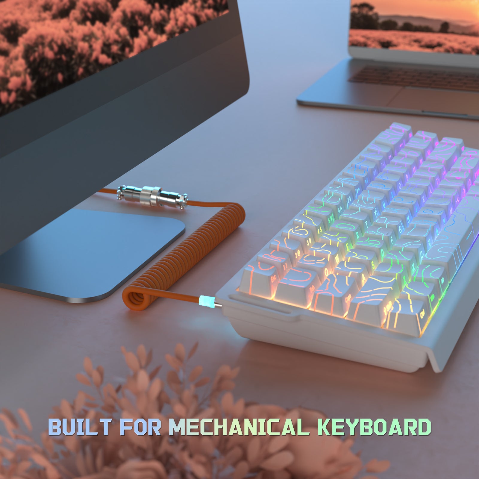 White mechanical keyboard with RGB, orange coiled USB-C aviator cable, 'Built for mechanical keyboard'