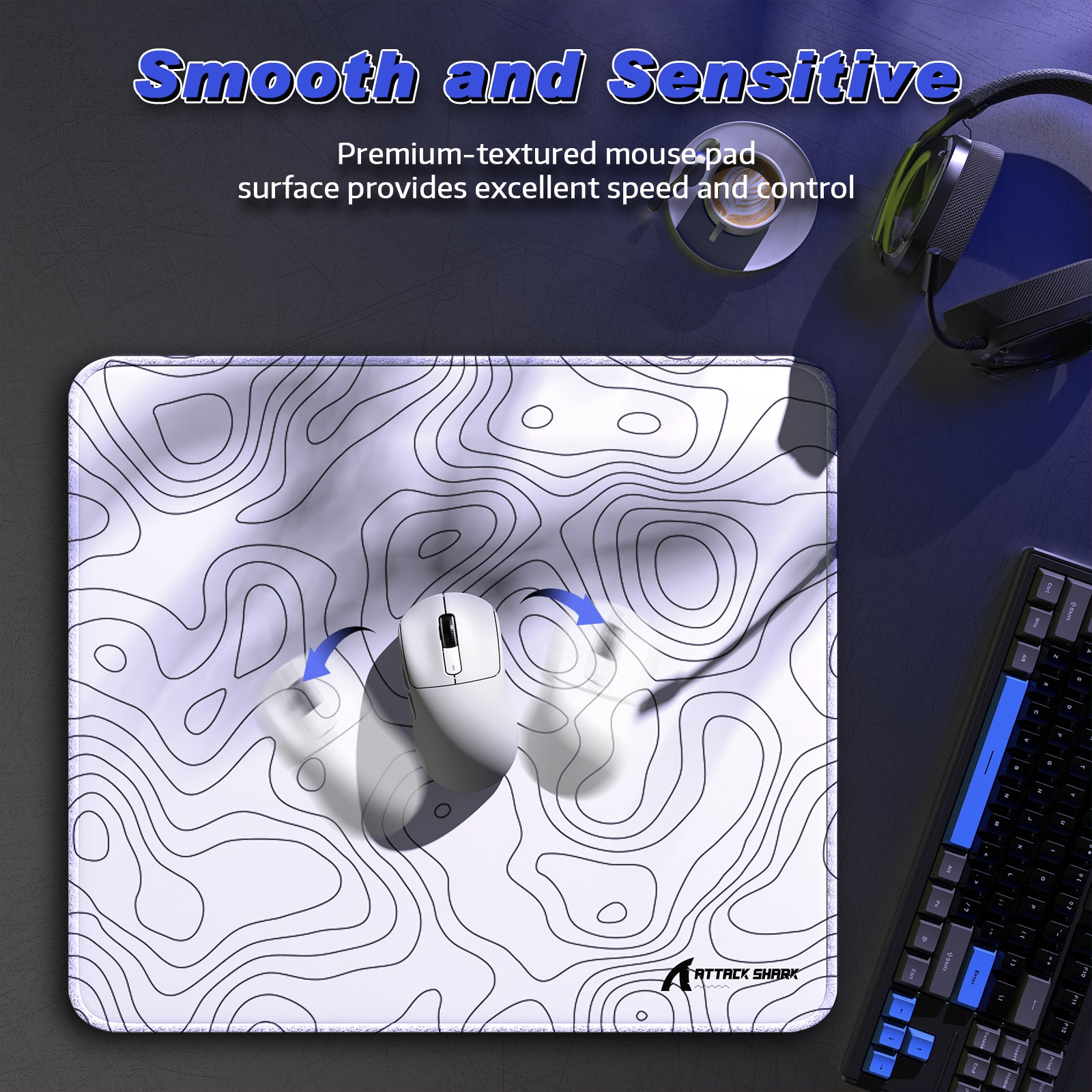 ATTACK SHARK CM02 gaming mousepad, white topographic design, esports setup, smooth surface for control
