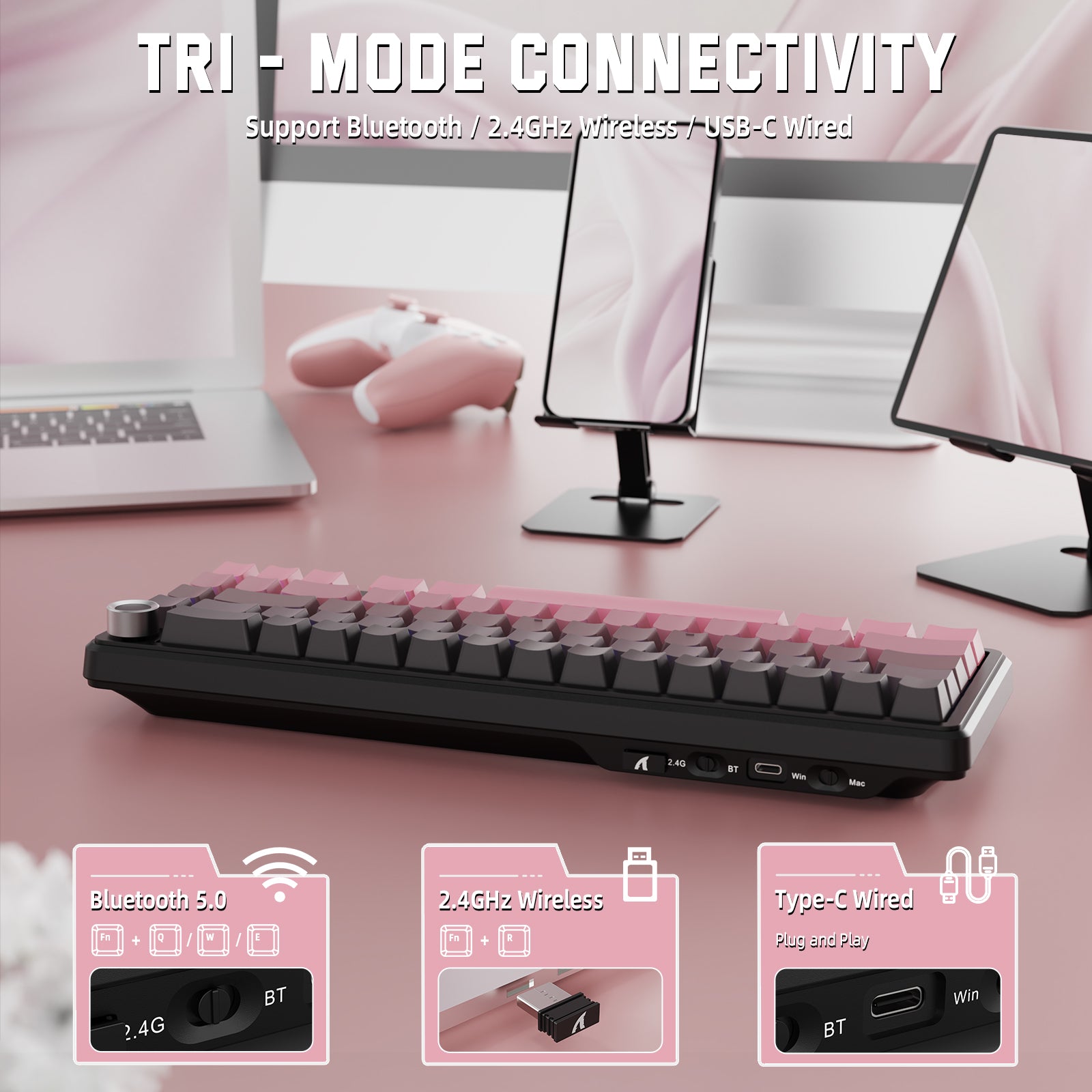 ATTACK SHARK X66 mechanical keyboard showing tri-mode connectivity: Bluetooth, 2.4GHz, and USB-C wired connections.