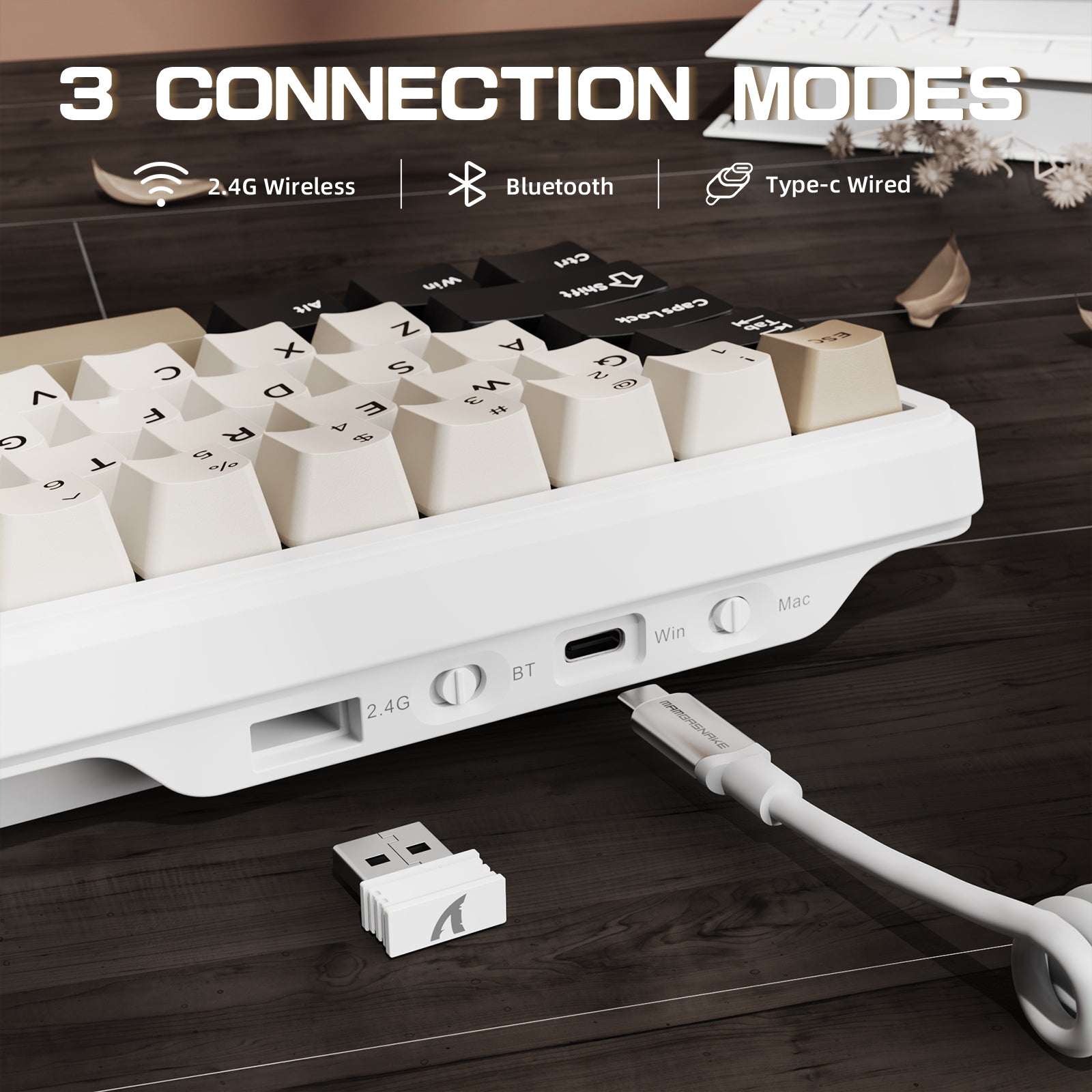 ATTACK SHARK X66 mechanical keyboard with 3 connection modes: 2.4G, Bluetooth, Type-C. Includes white coiled cable and USB.
