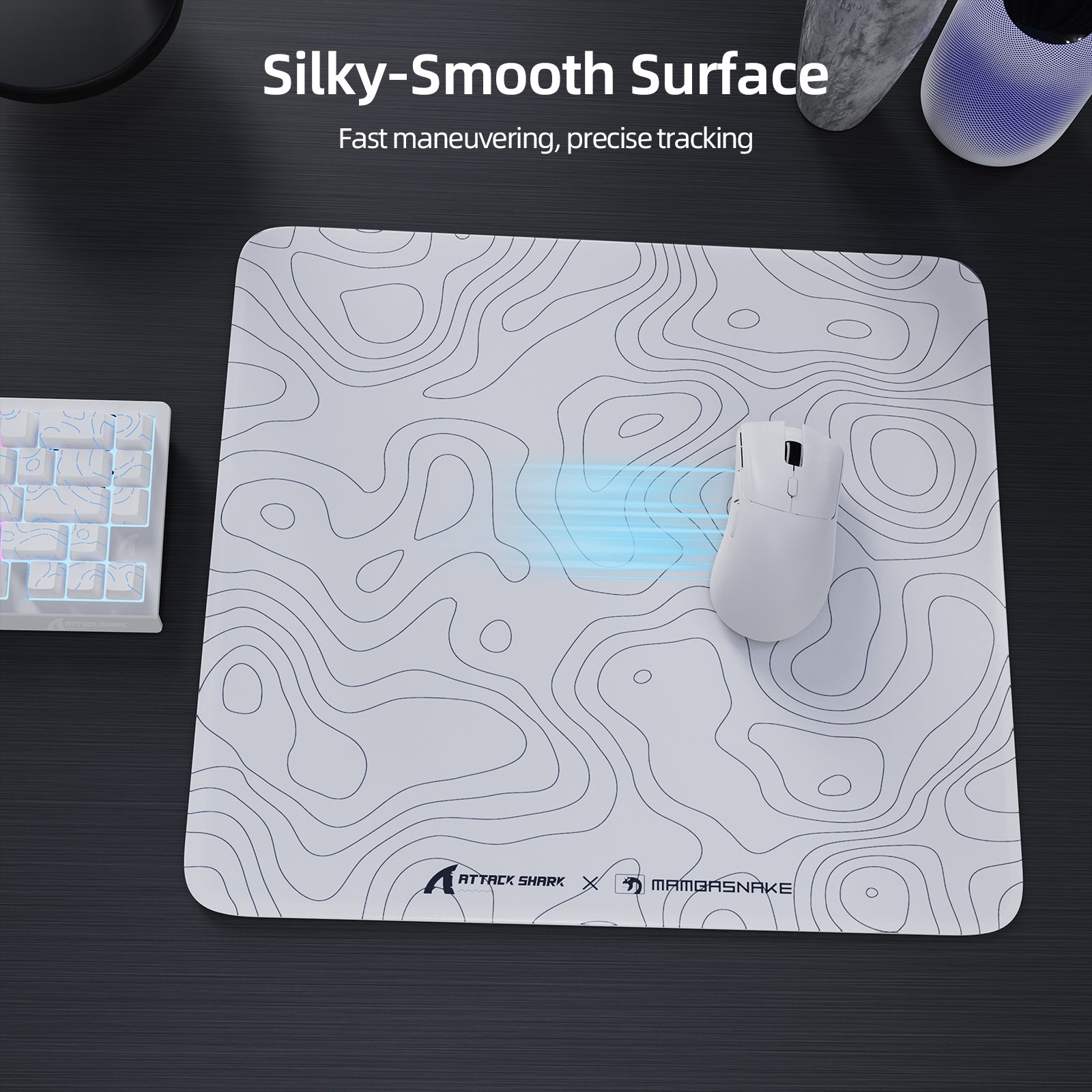 Attack Shark CM05 gaming mouse pad with a smooth surface and white mouse