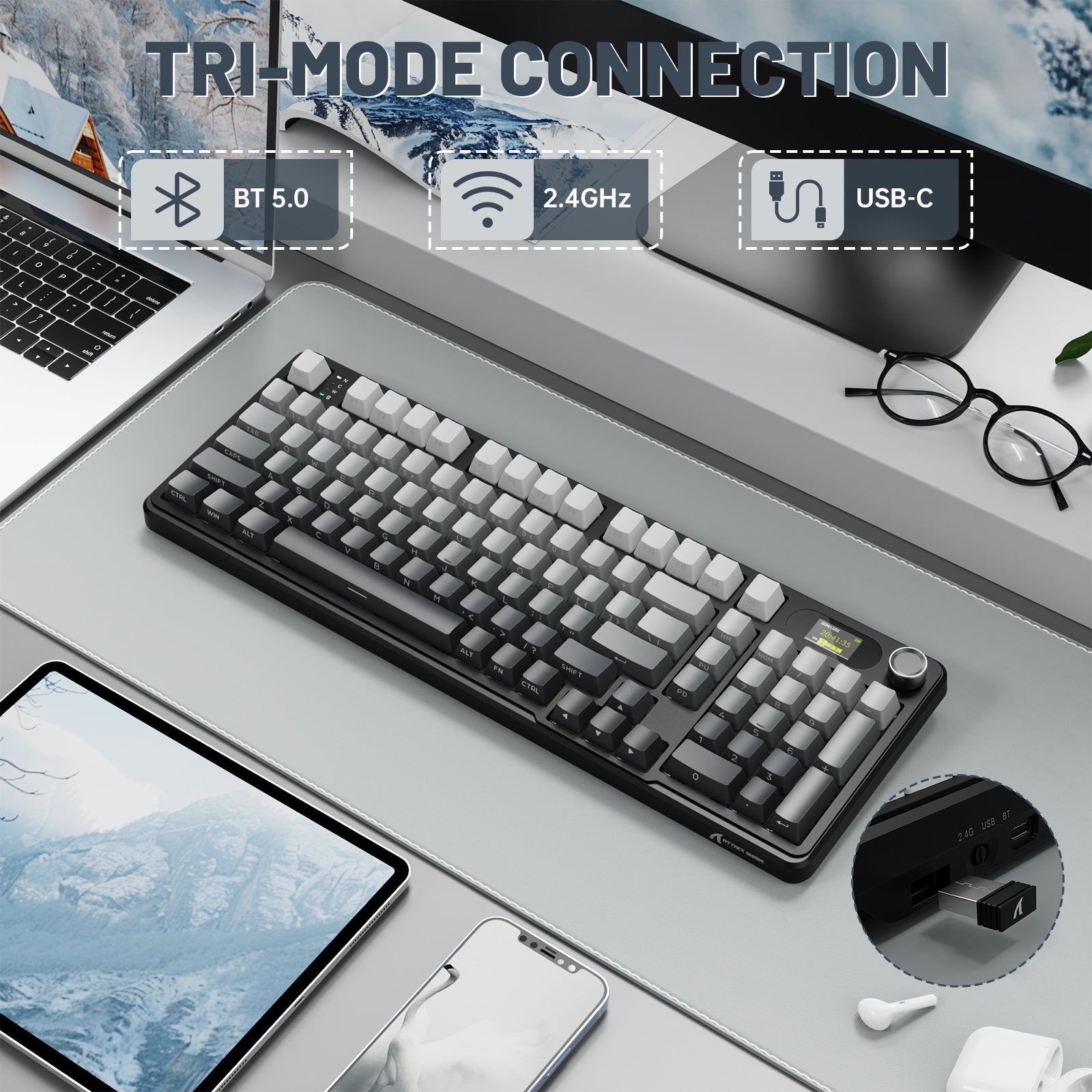 ATTACK SHARK X98PRO wireless gaming keyboard with tri-mode connection (BT 5.0, 2.4GHz, USB-C), LED screen and volume knob