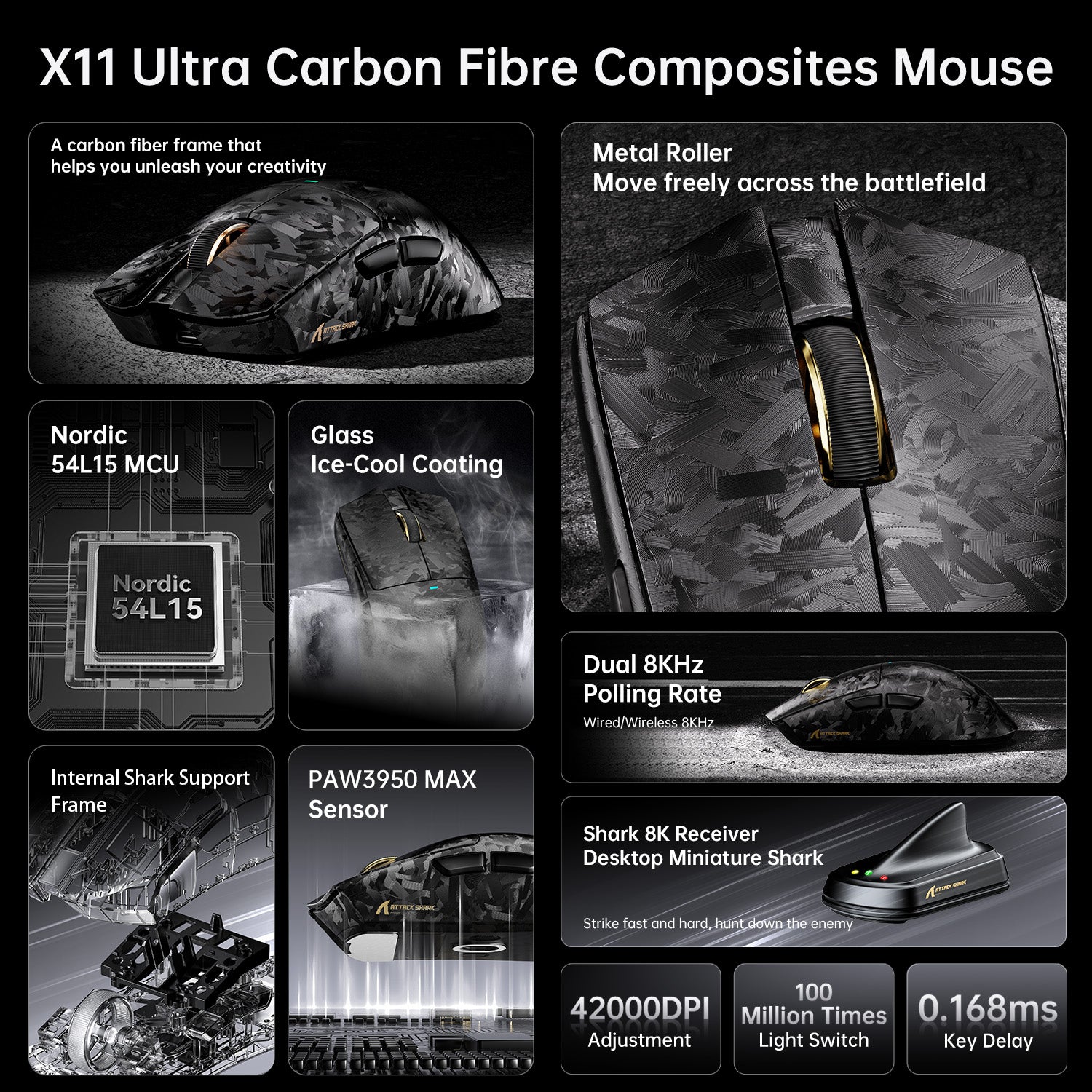ATTACK SHARK X11 ULTRA Carbon Fiber Wireless 8K PAW3950MAX Gaming Mouse