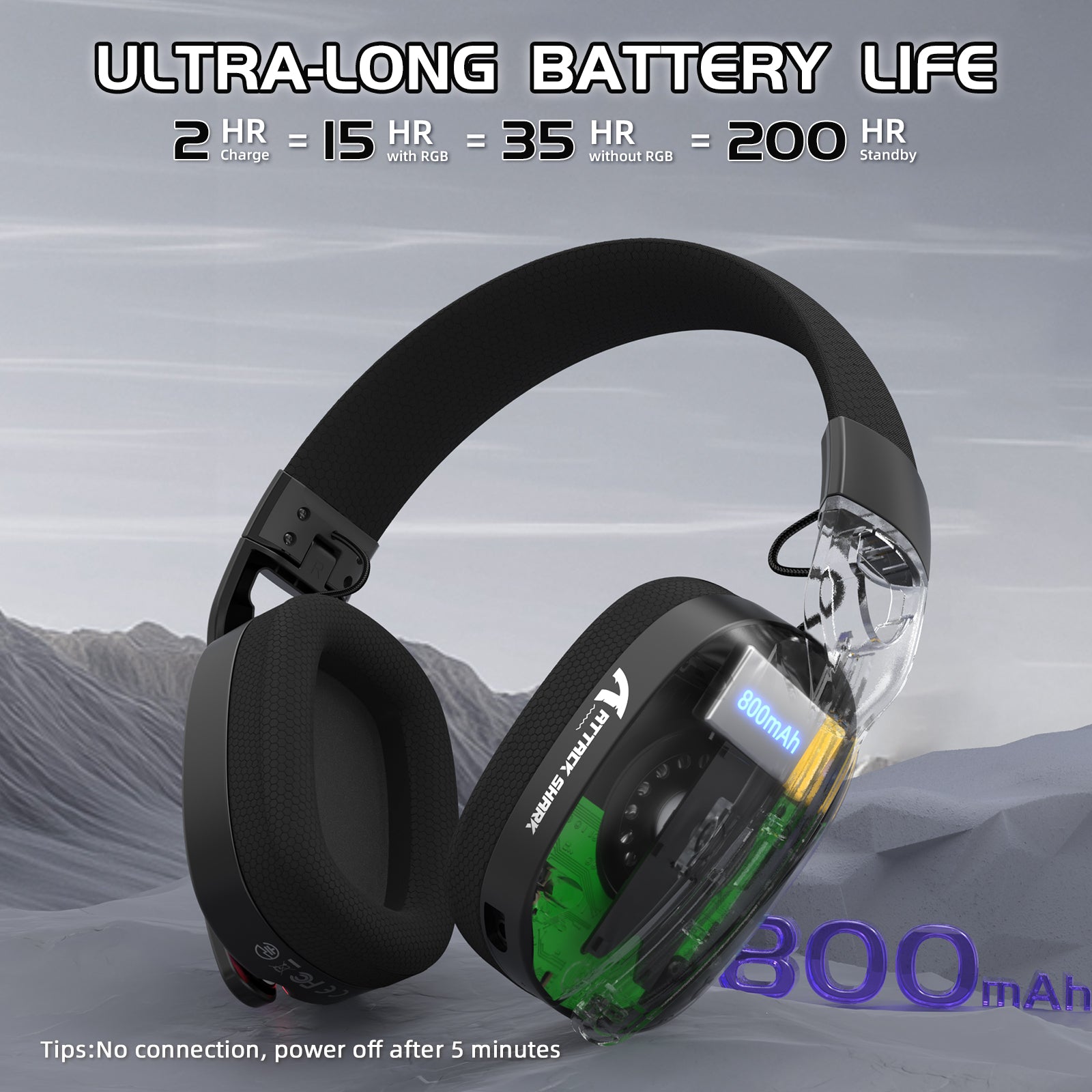 ATTACK SHARK L90 gaming headset with long battery life: 15 hours with RGB, black design, 800mAh battery, and standby time.