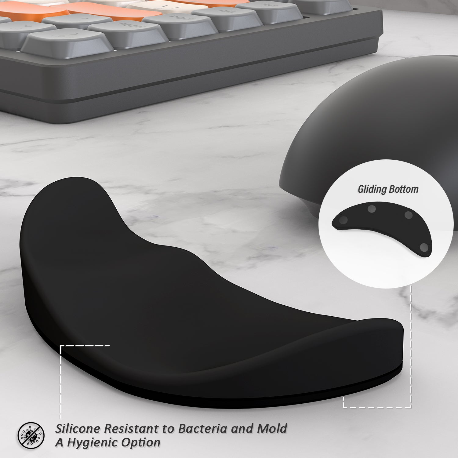 ATTACK SHARK ergonomic silicone mouse wrist rest, black, features gliding bottom and is resistant to bacteria.