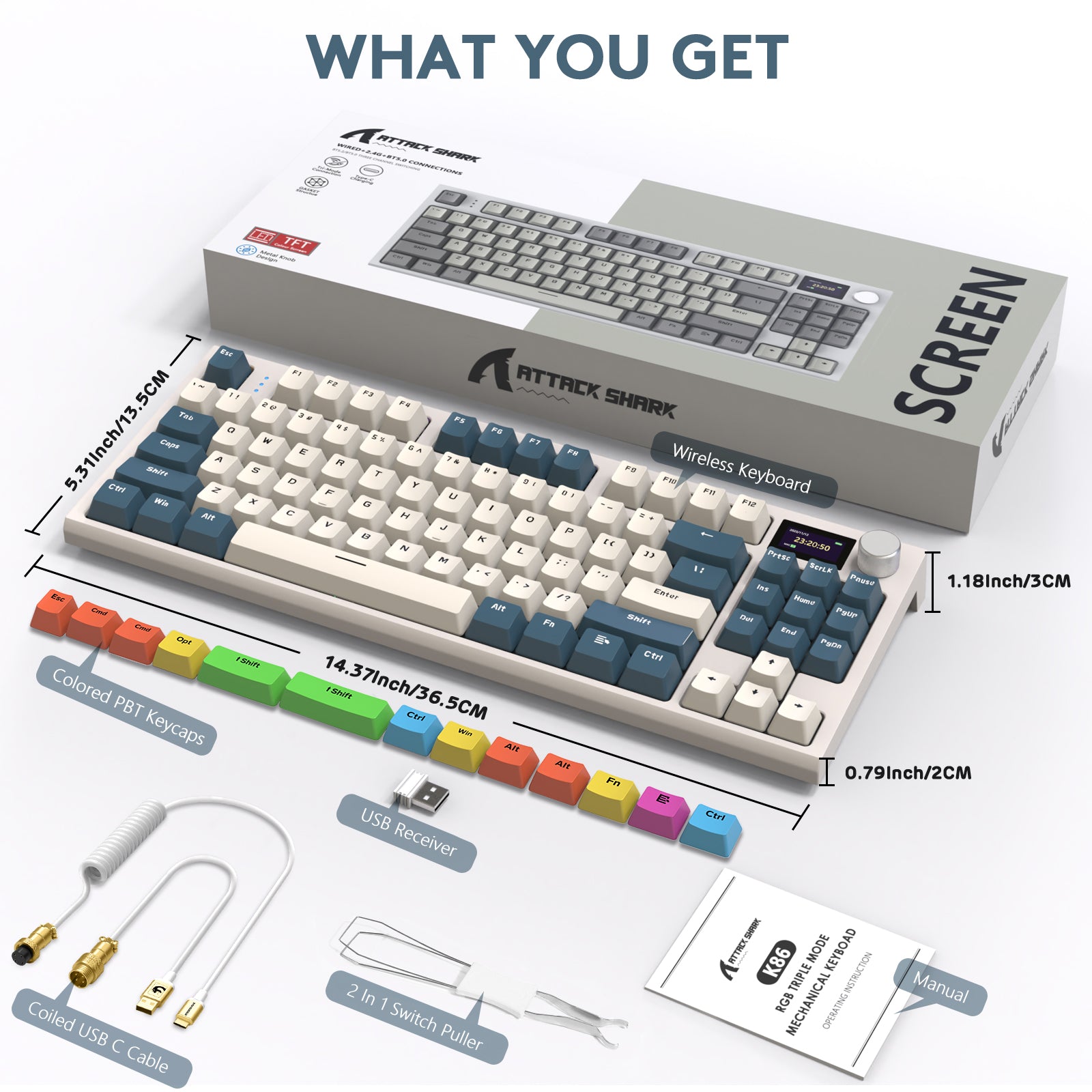 K86PRO keyboard package showcasing colorful keycaps, USB cable, and switch puller.