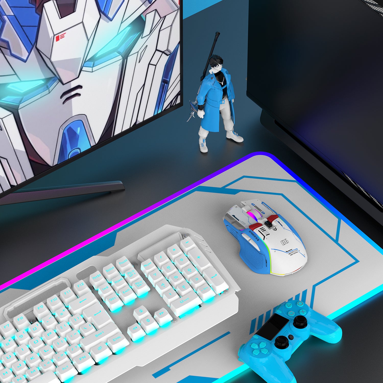 Attack Shark G6 Tri-mode gaming mouse beside mech-themed keyboard and blue game controller.