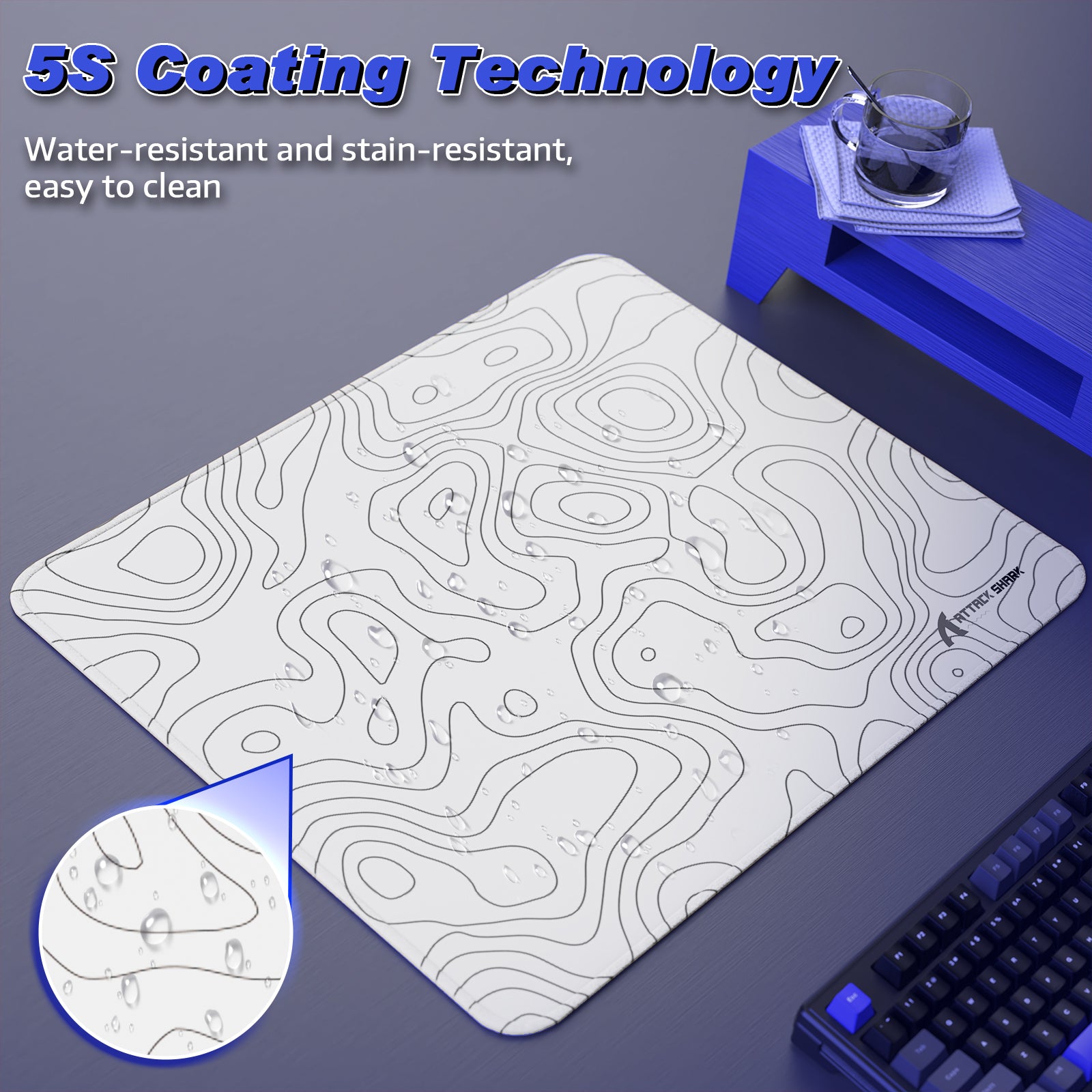 ATTACK SHARK CM02 gaming mousepad, white topographic design, water resistant, easy to clean, esports accessory.