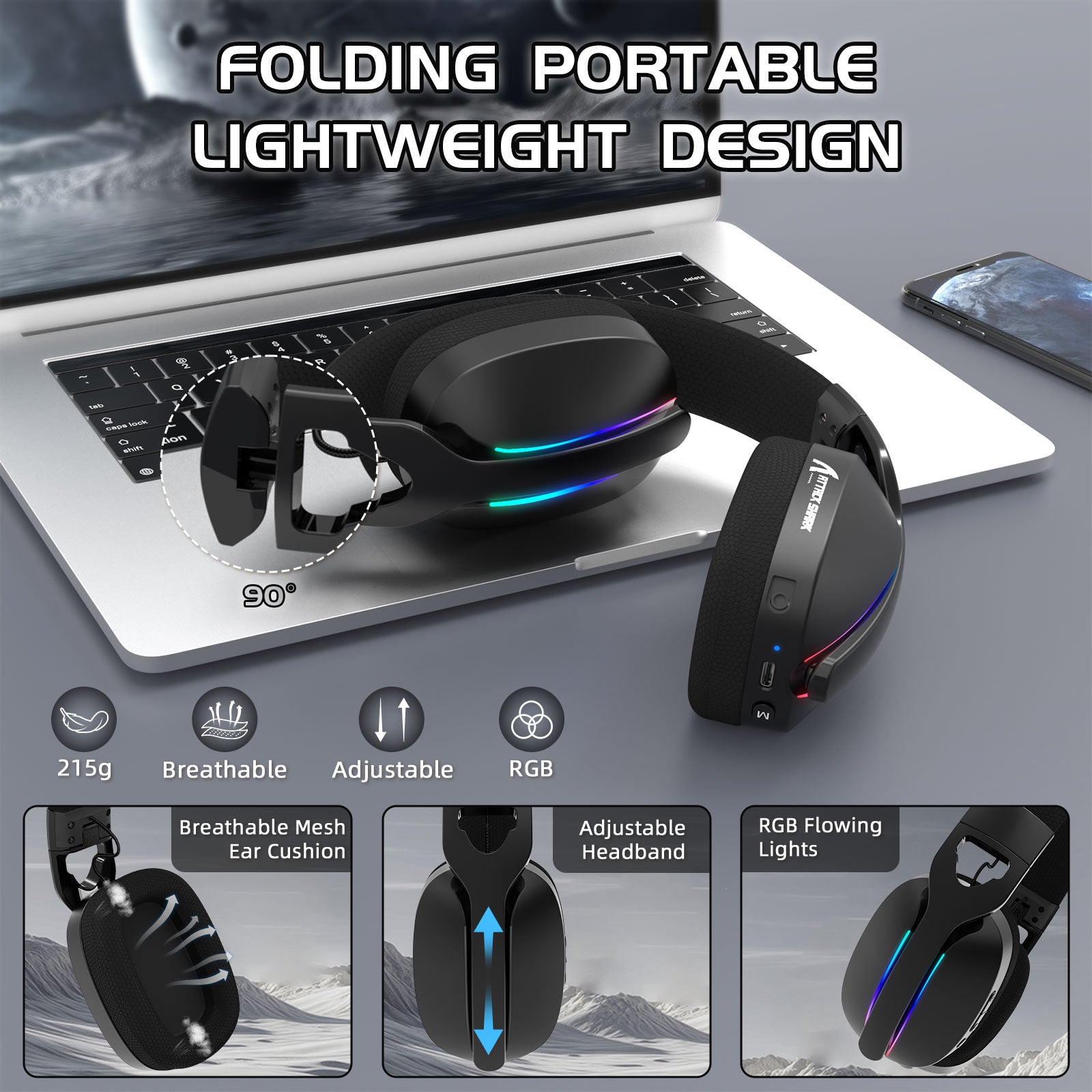 ATTACK SHARK L90 Foldable RGB Ultra-Light Tri-Mode Gaming Headset