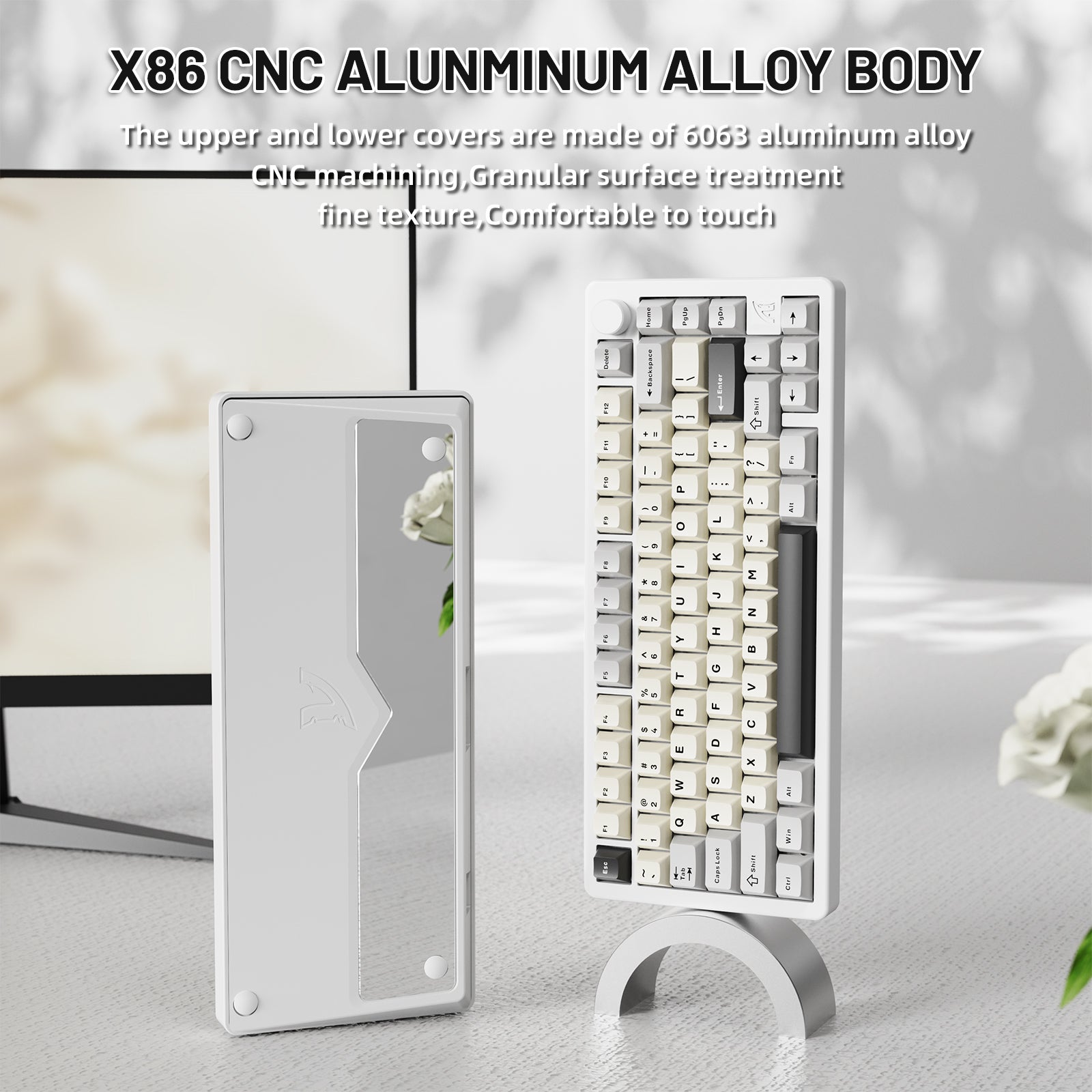 ATTACK SHARK X86 keyboard, CNC aluminum body with white keycaps, fine texture and comfortable touch.